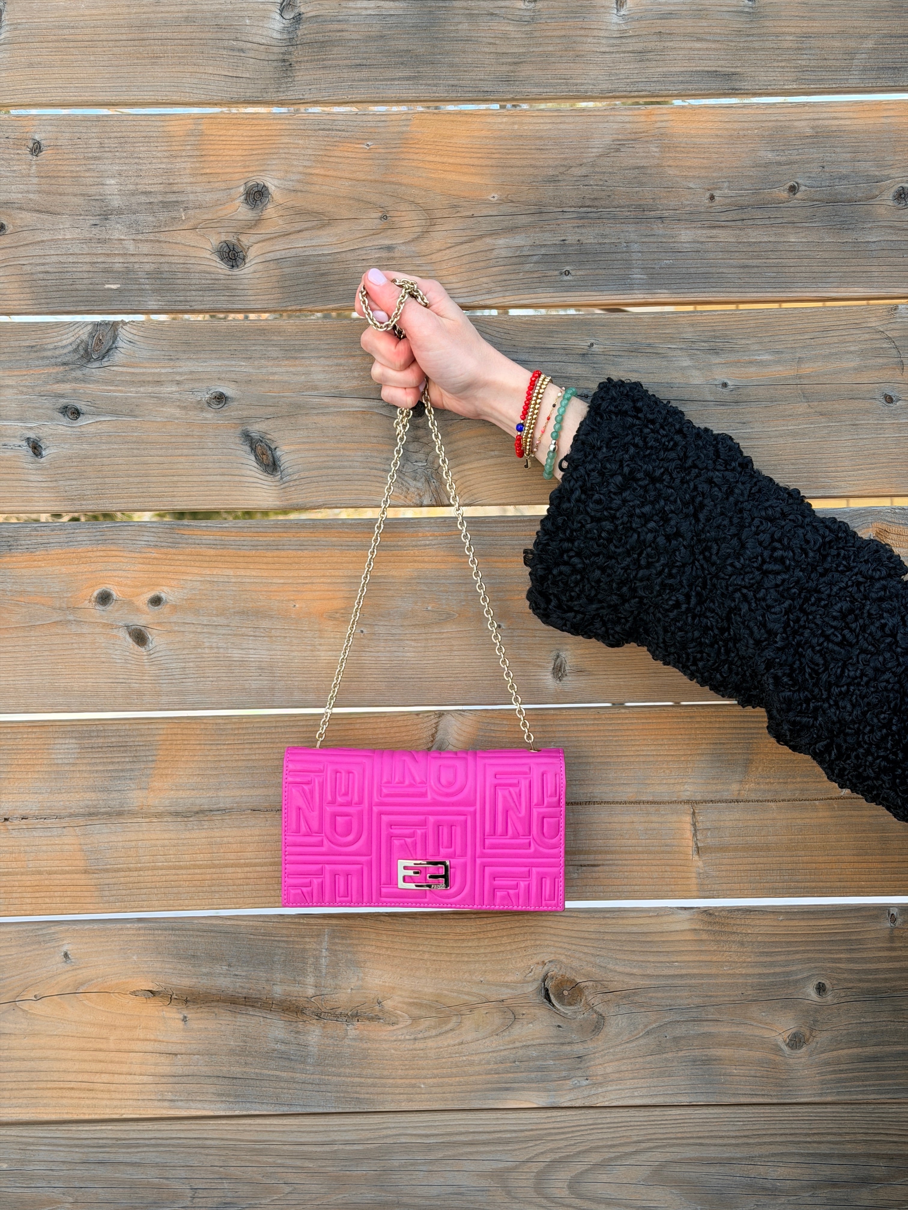 FENDI Embossed Wallet on Chain in Hot Pink