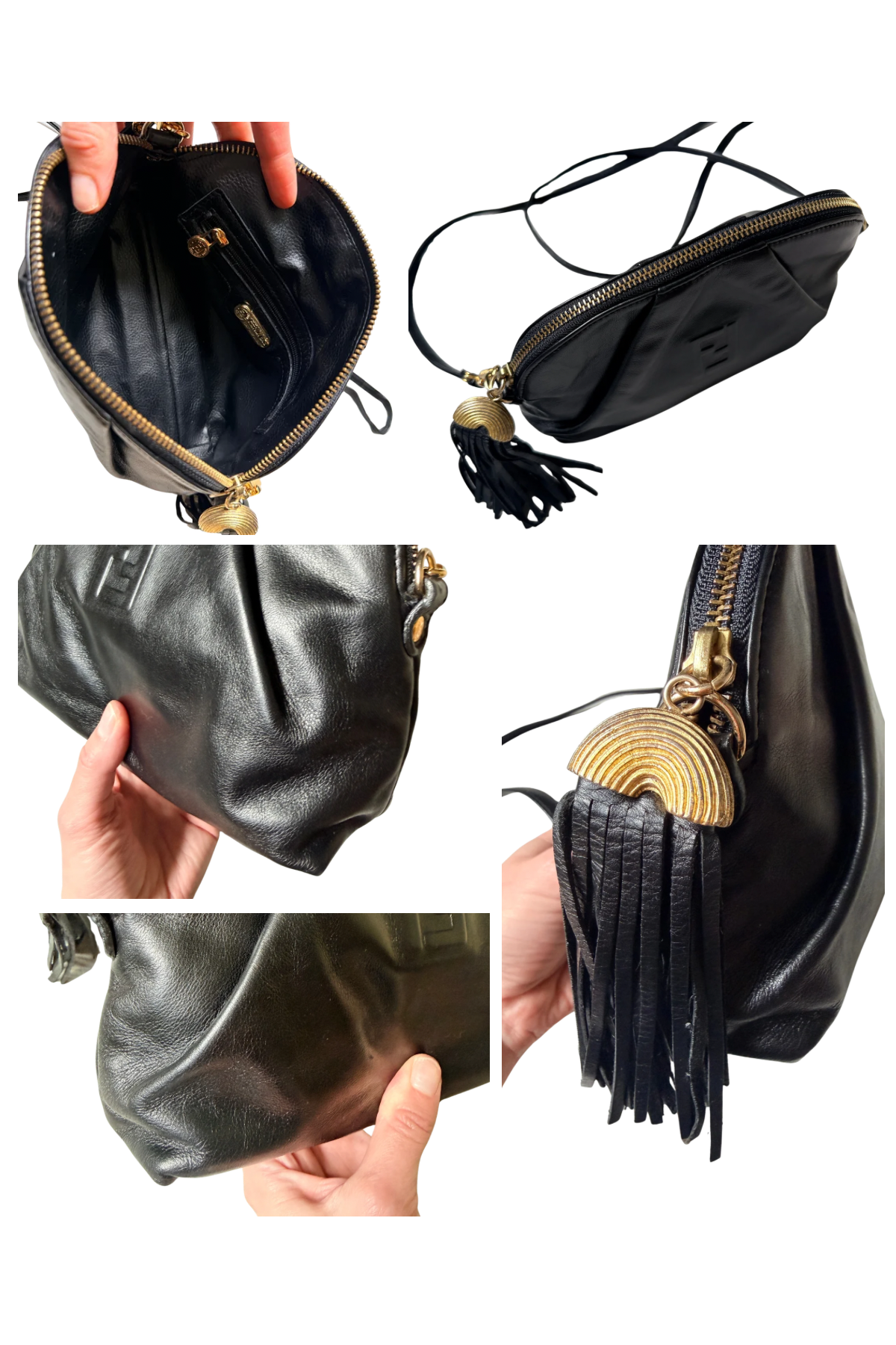 Vintage Fendi Black Leather Tassel Crossbody Bag