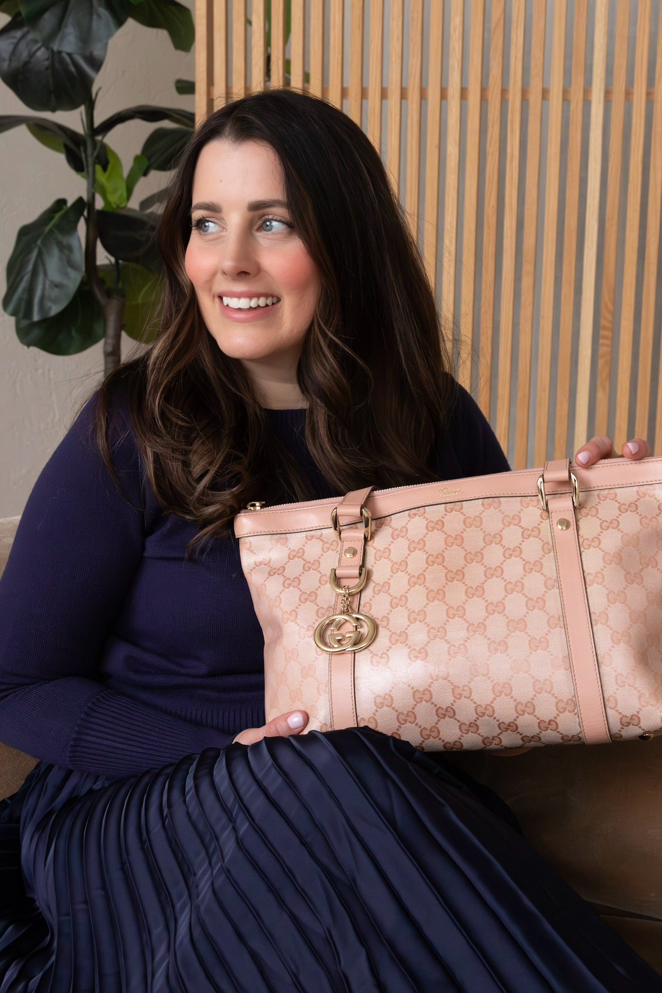 Gucci Crystal Medium Abbey Pink GG Coated Canvas Tote with Interlocking G Charm