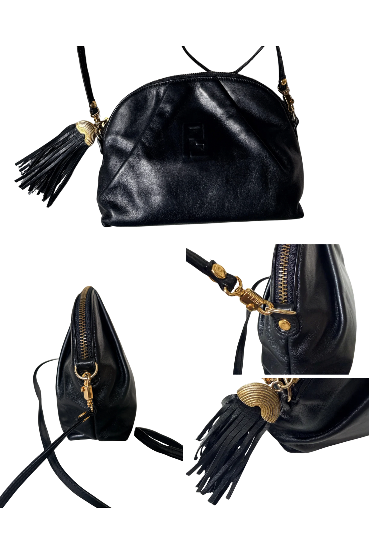 Vintage Fendi Black Leather Tassel Crossbody Bag