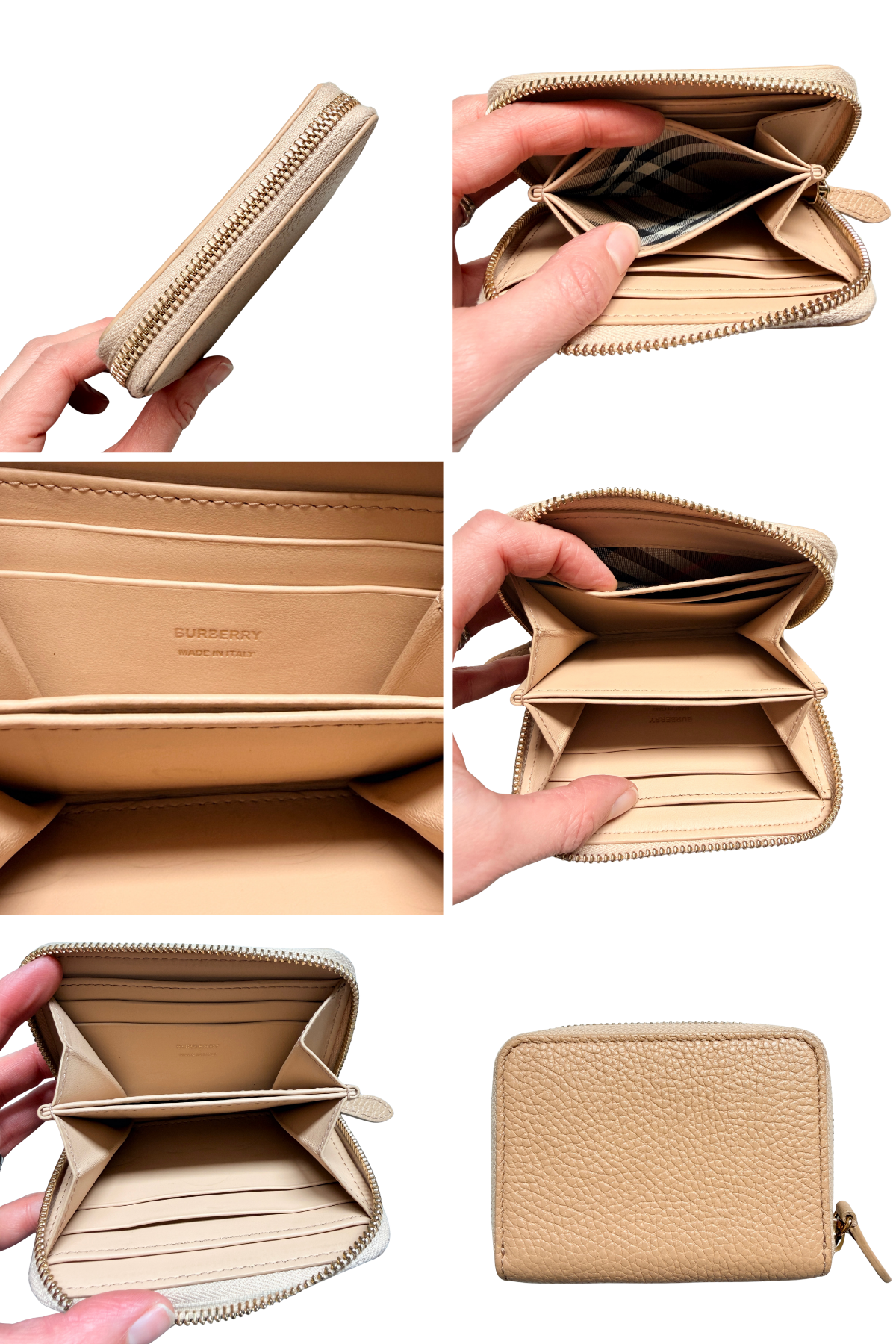 Burberry Pebbled Beige Leather Zip-Around Compact Wallet