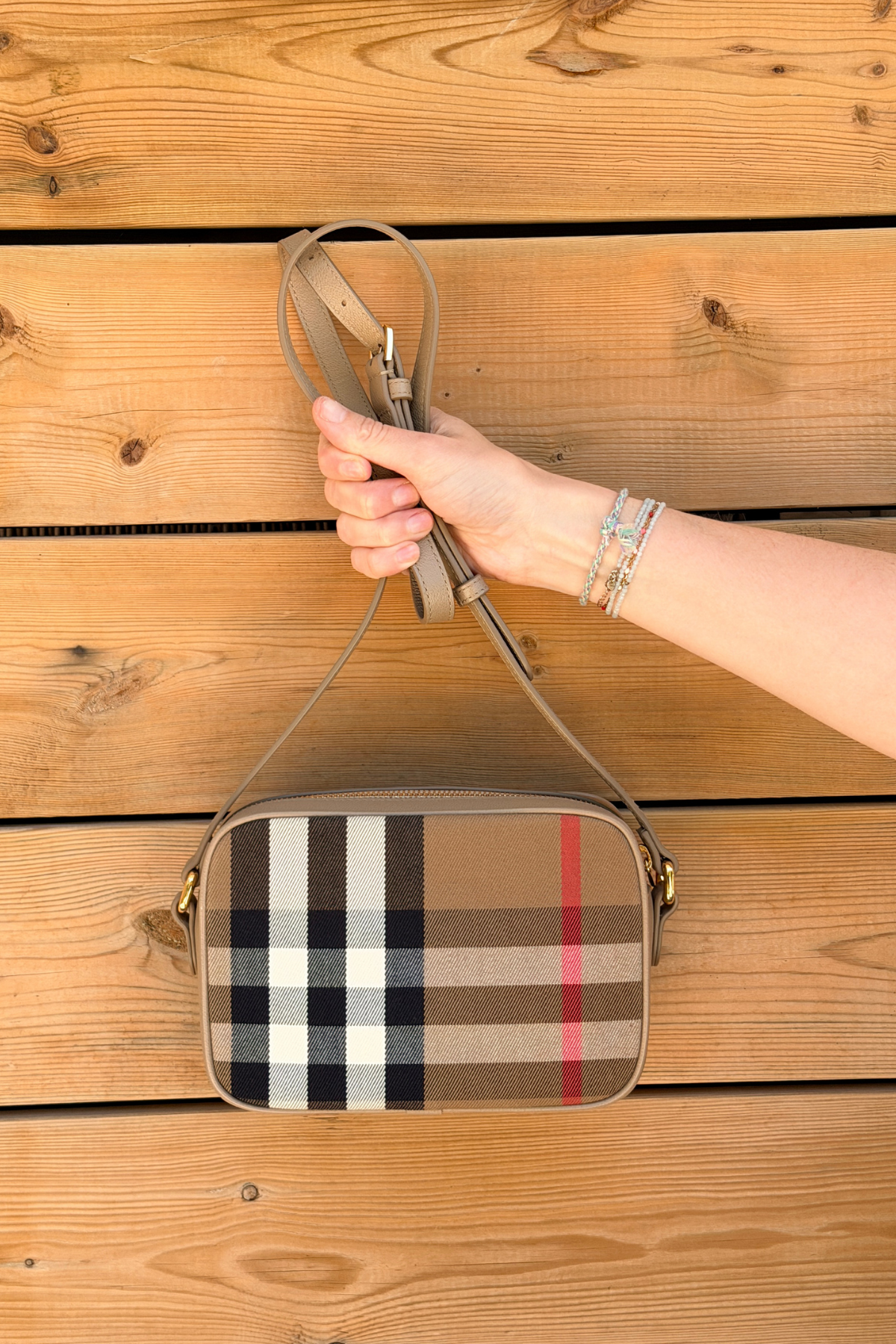 Burberry House Check Small Camera Bag in Chestnut Beige | Full Set