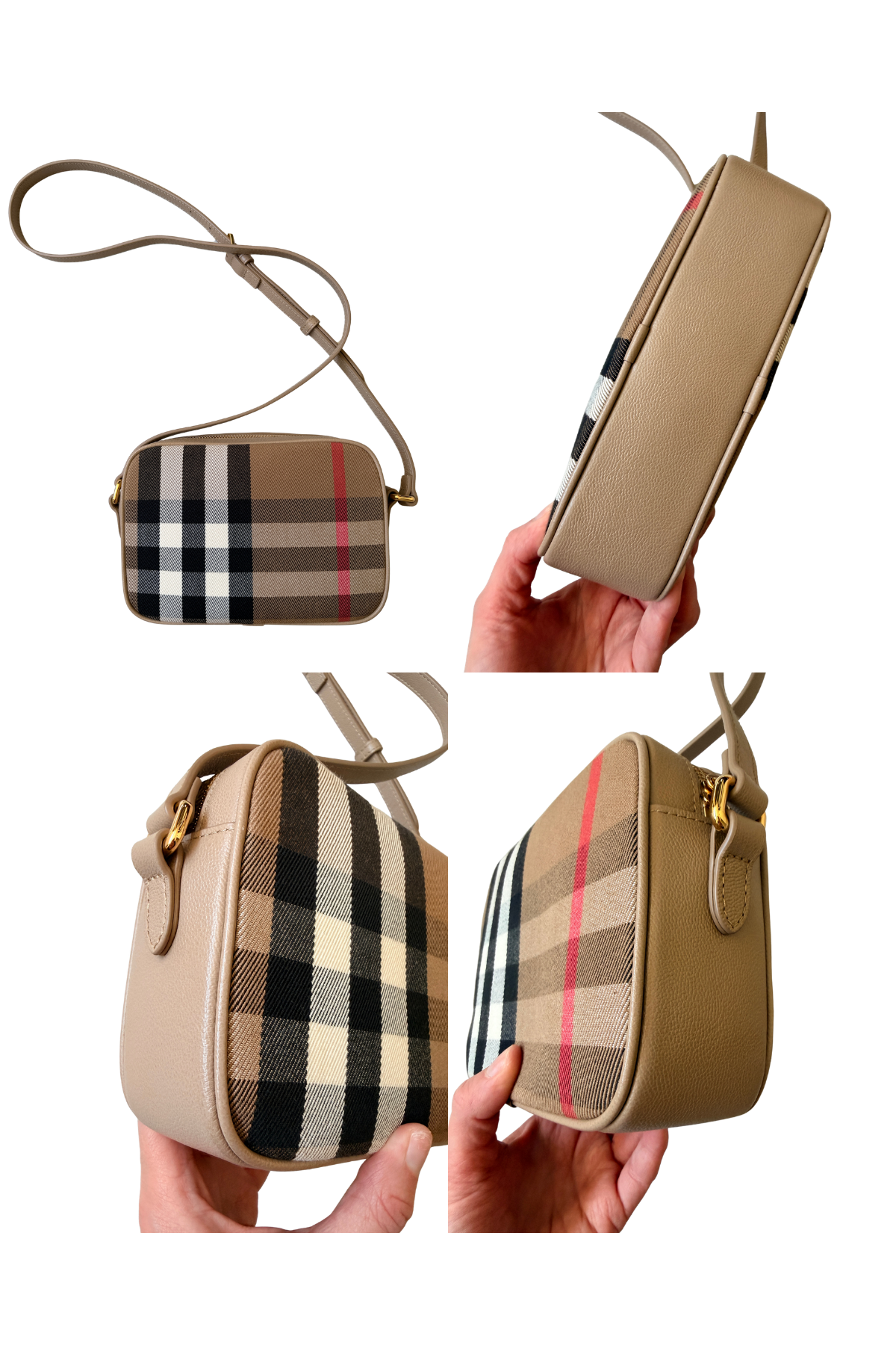 Burberry House Check Small Camera Bag in Chestnut Beige | Full Set