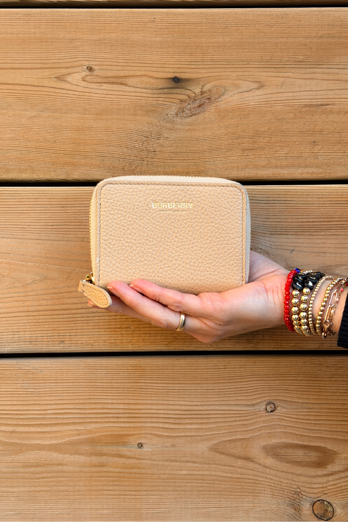 Burberry Pebbled Beige Leather Zip-Around Compact Wallet