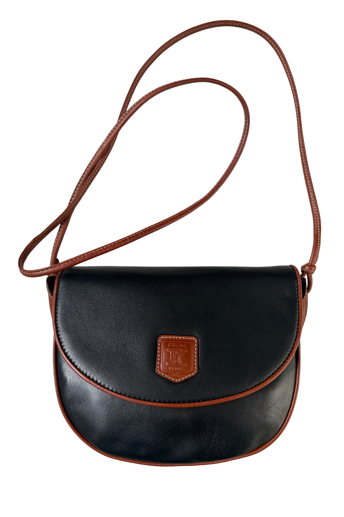 Celine Vintage Black Leather with Brown Trim Crossbody