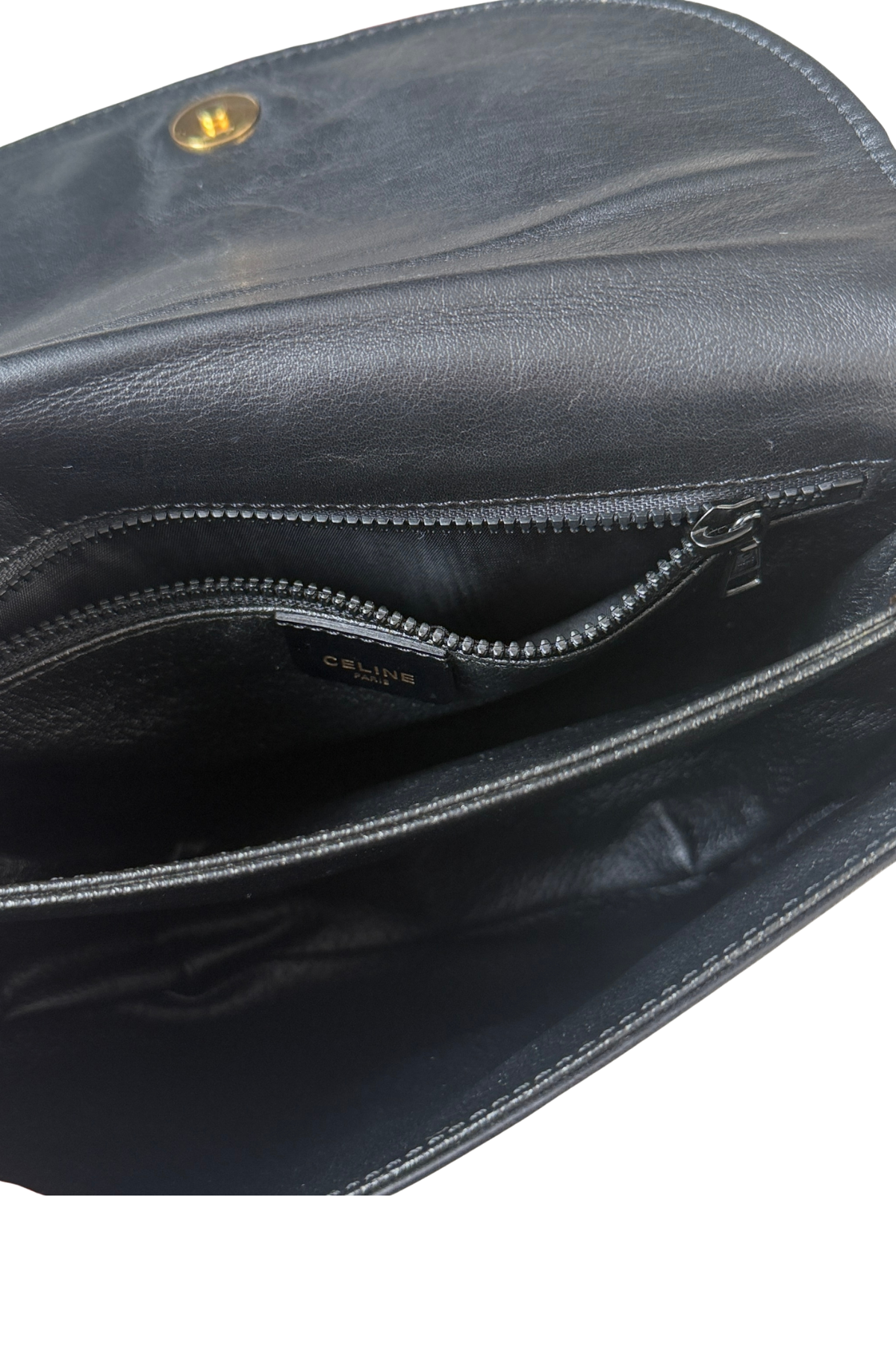 Celine Vintage Black Leather with Brown Trim Crossbody