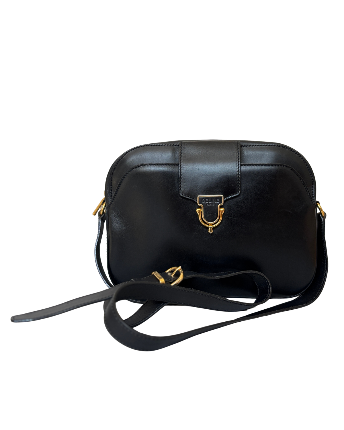 Vintage Celine Black Leather Camera Bag with Gold Hardware