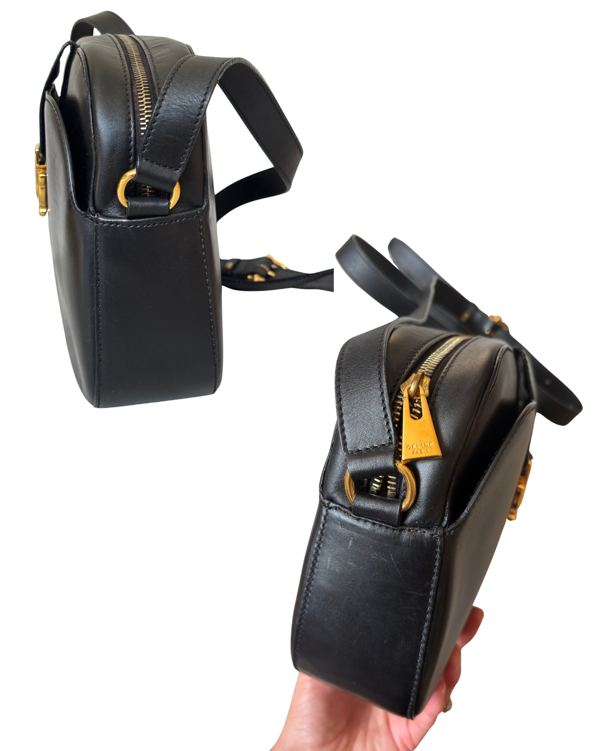 Vintage Celine Black Leather Camera Bag with Gold Hardware