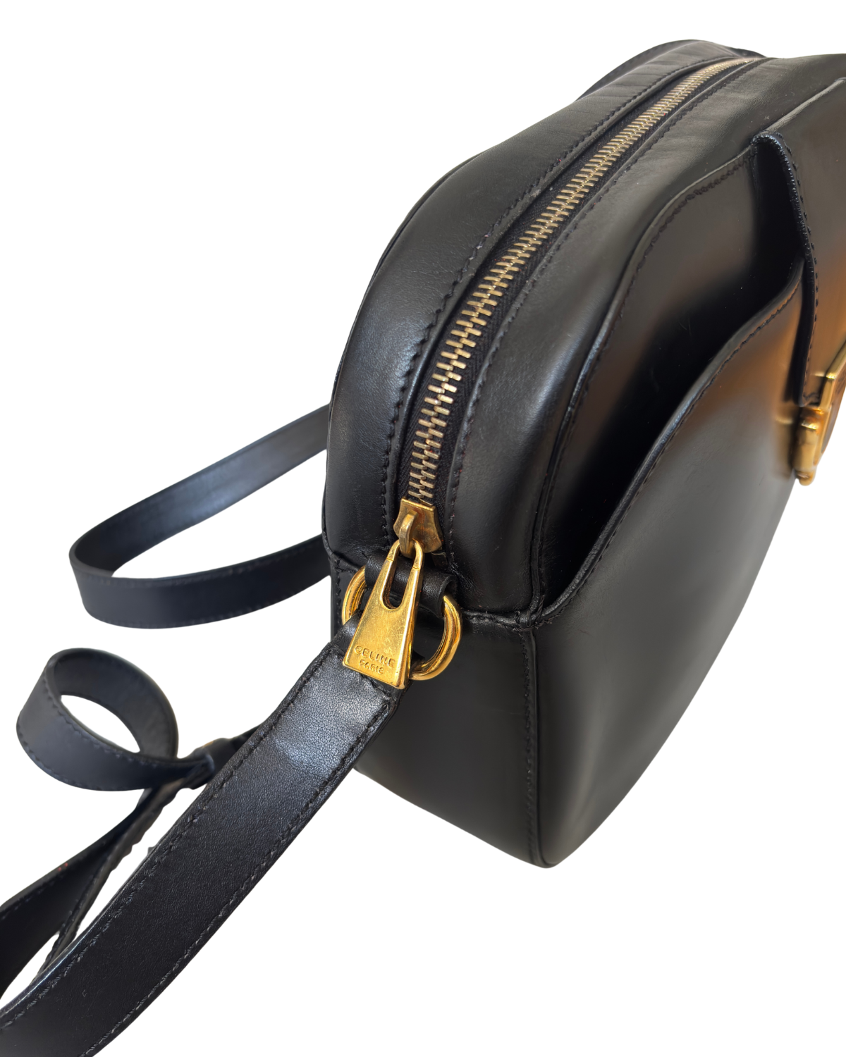 Vintage Celine Black Leather Camera Bag with Gold Hardware