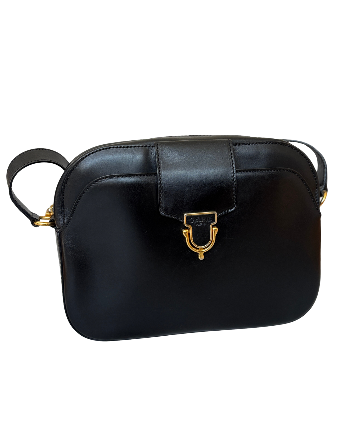 Vintage Celine Black Leather Camera Bag with Gold Hardware