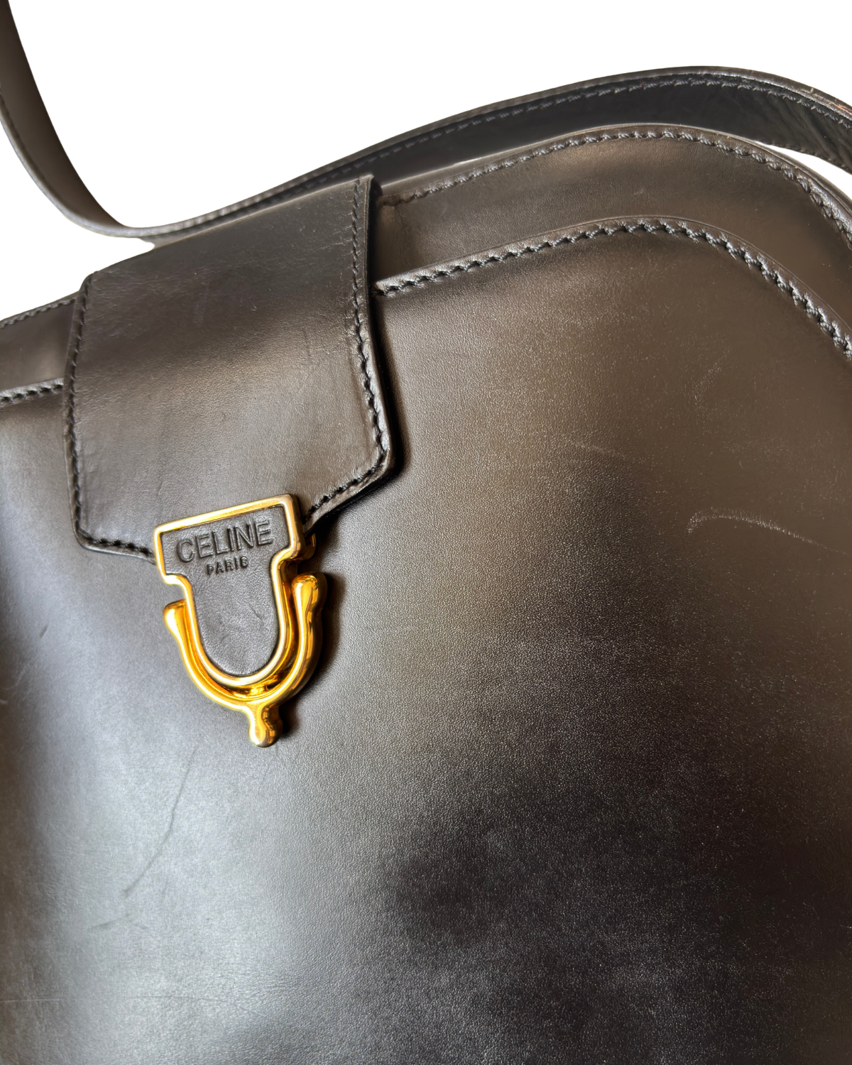 Vintage Celine Black Leather Camera Bag with Gold Hardware