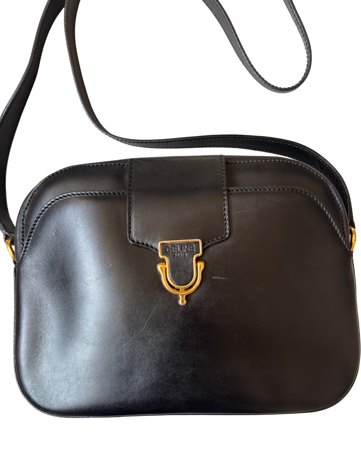 Vintage Celine Black Leather Camera Bag with Gold Hardware