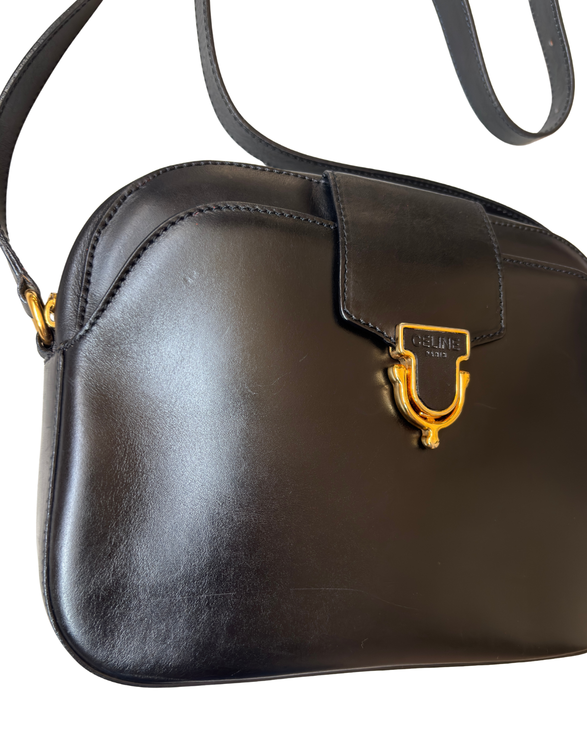 Vintage Celine Black Leather Camera Bag with Gold Hardware