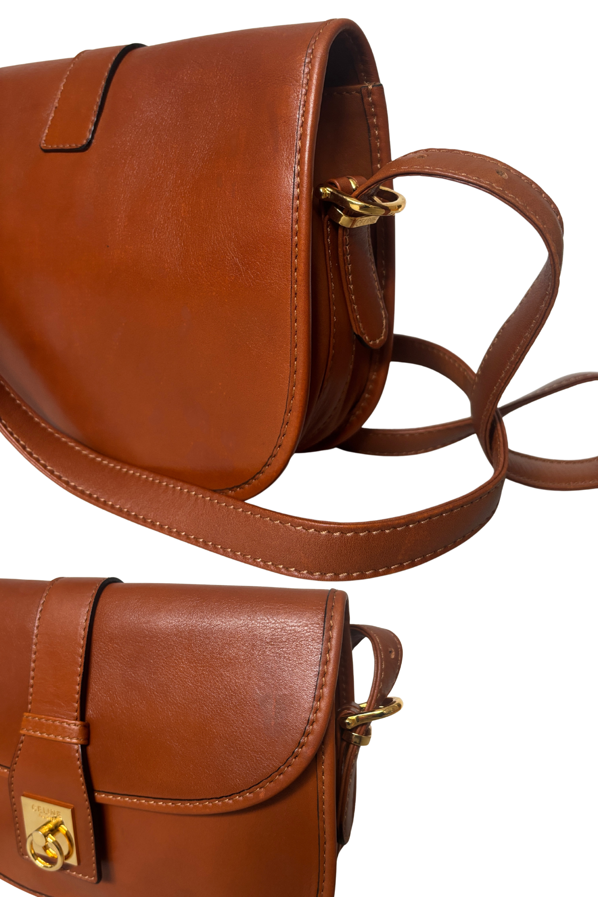 CELINE Vintage Saddle Cognac Box Calf Crossbody (1980s–90s)