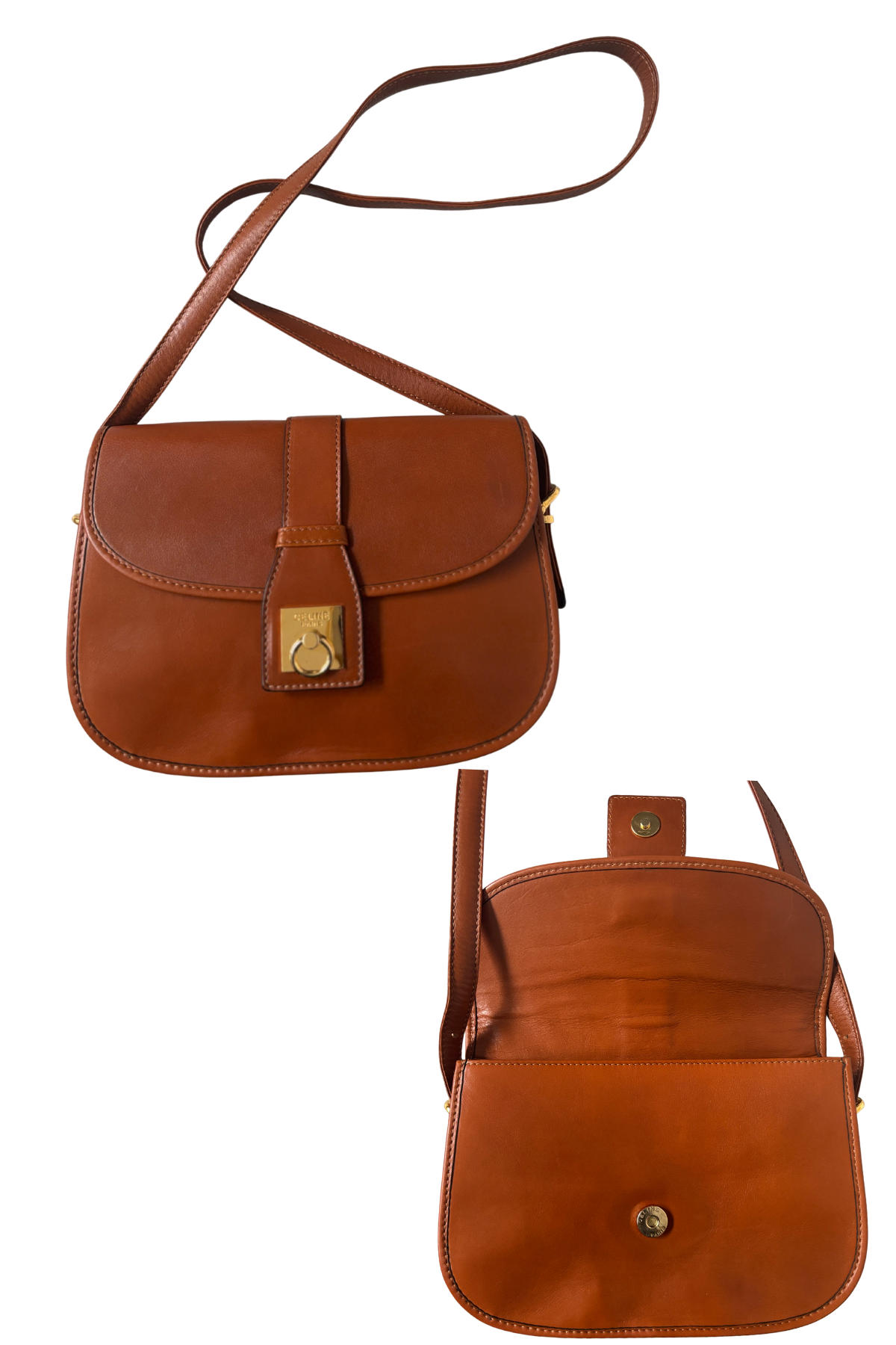CELINE Vintage Saddle Cognac Box Calf Crossbody (1980s–90s)