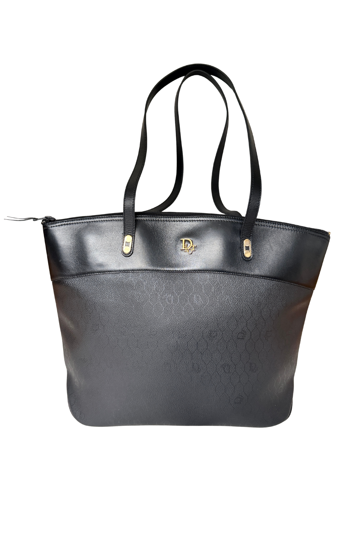 Christian Dior Black Coated Canvas Honeycomb Monogram/Leather Shoulder Tote (1980's)