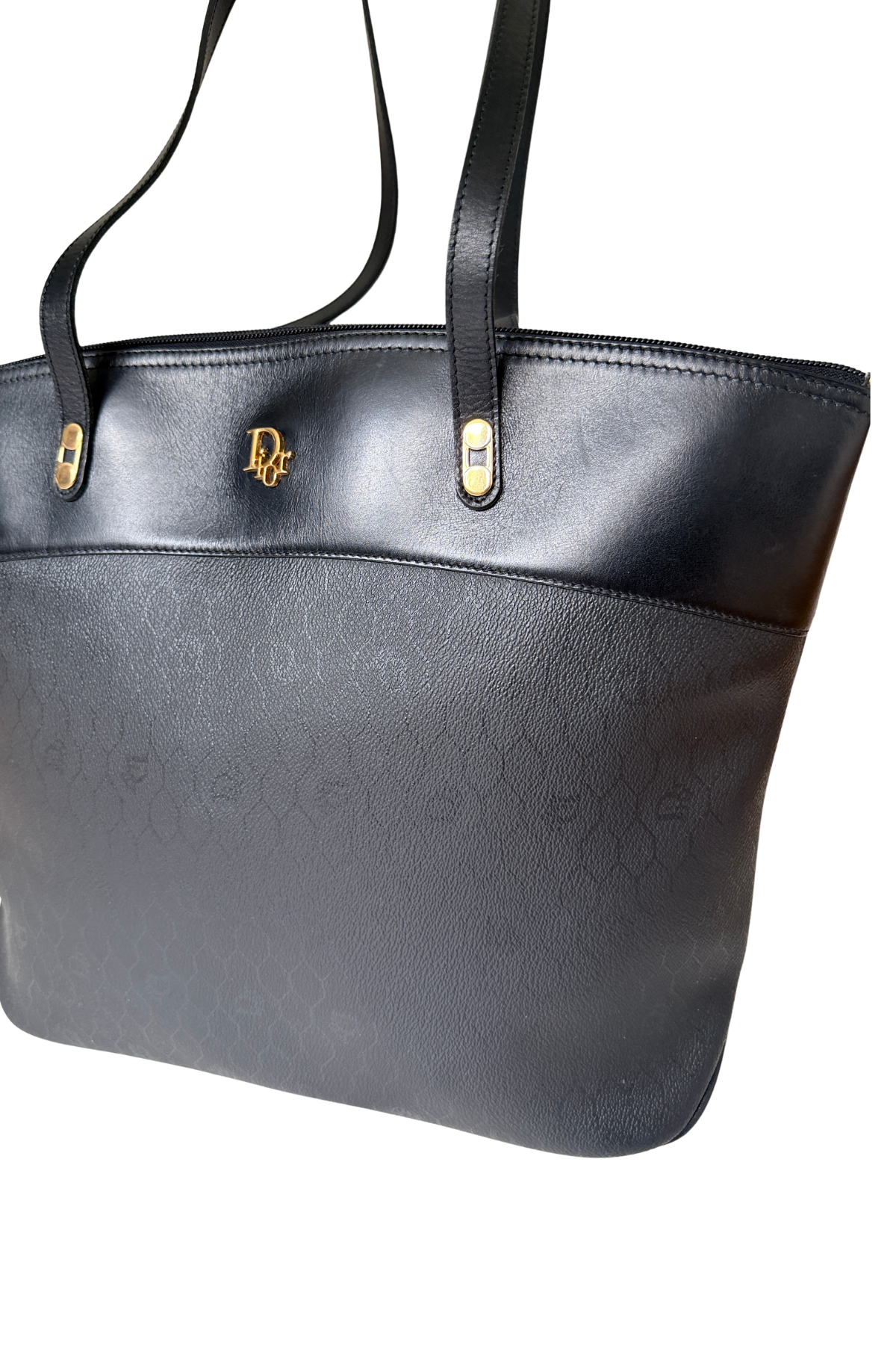 Christian Dior Black Coated Canvas Honeycomb Monogram/Leather Shoulder Tote (1980's)
