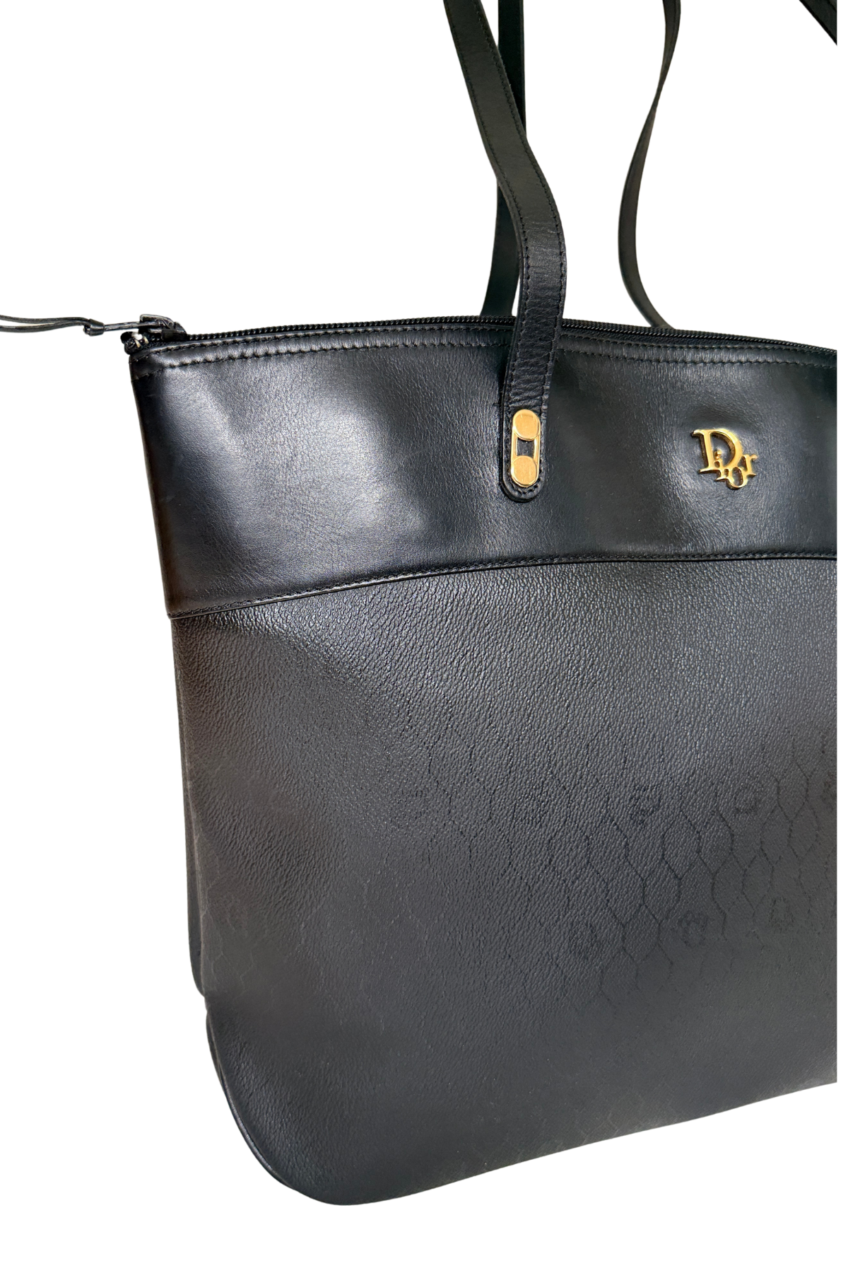 Christian Dior Black Coated Canvas Honeycomb Monogram/Leather Shoulder Tote (1980's)