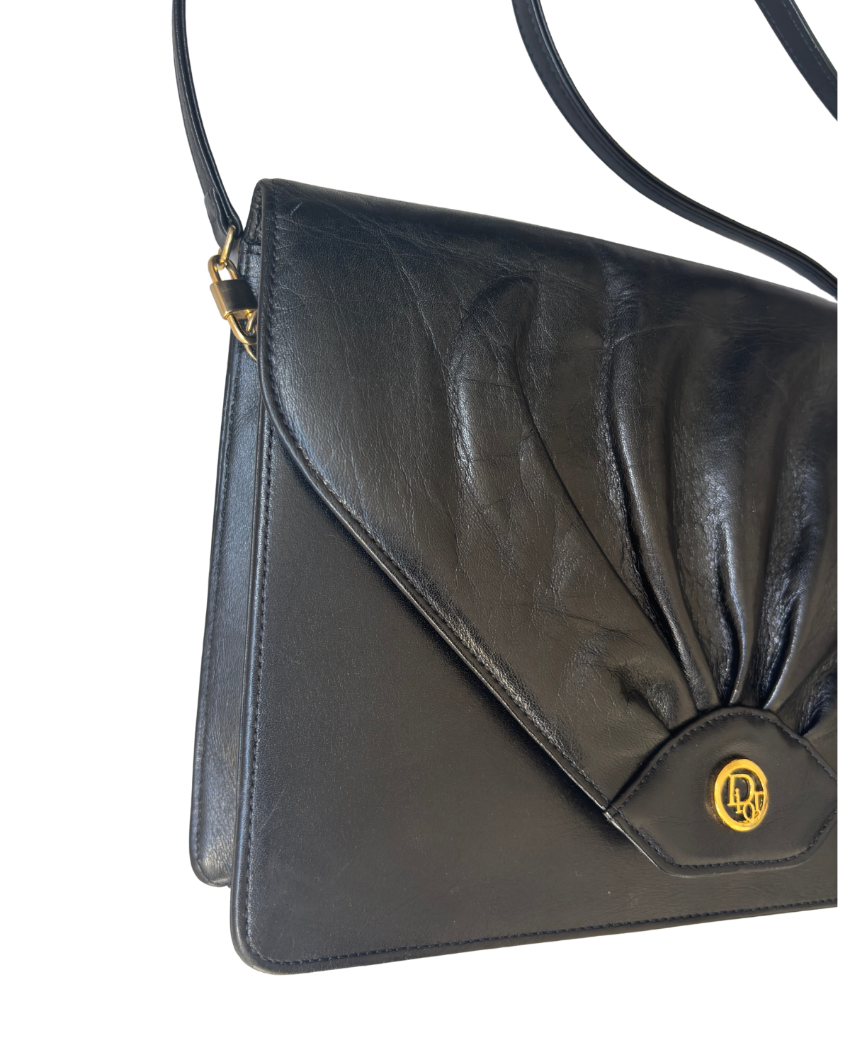 Vintage Dior Pleated Black Leather Shoulder Bag