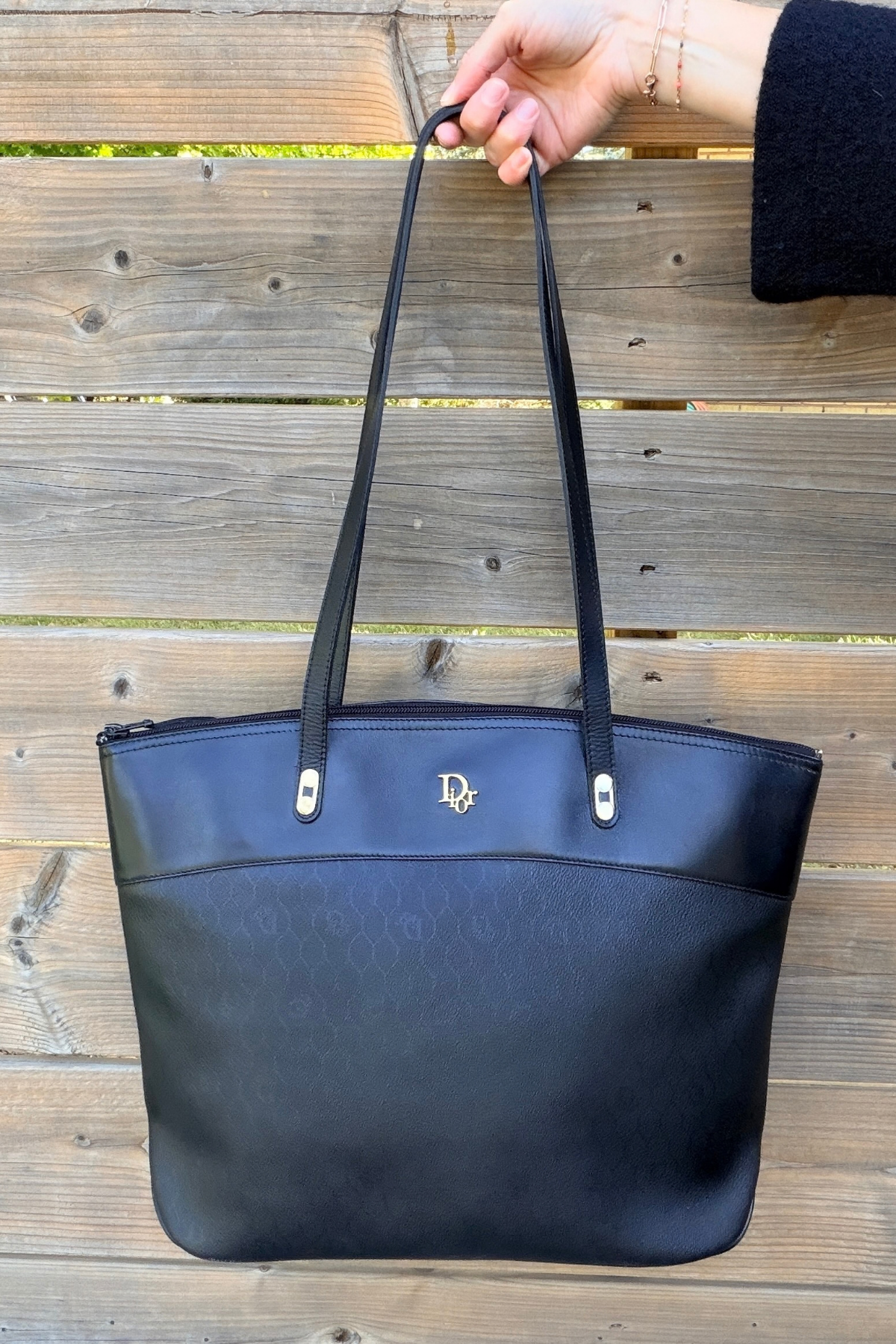 Christian Dior Black Coated Canvas Honeycomb Monogram/Leather Shoulder Tote (1980's)
