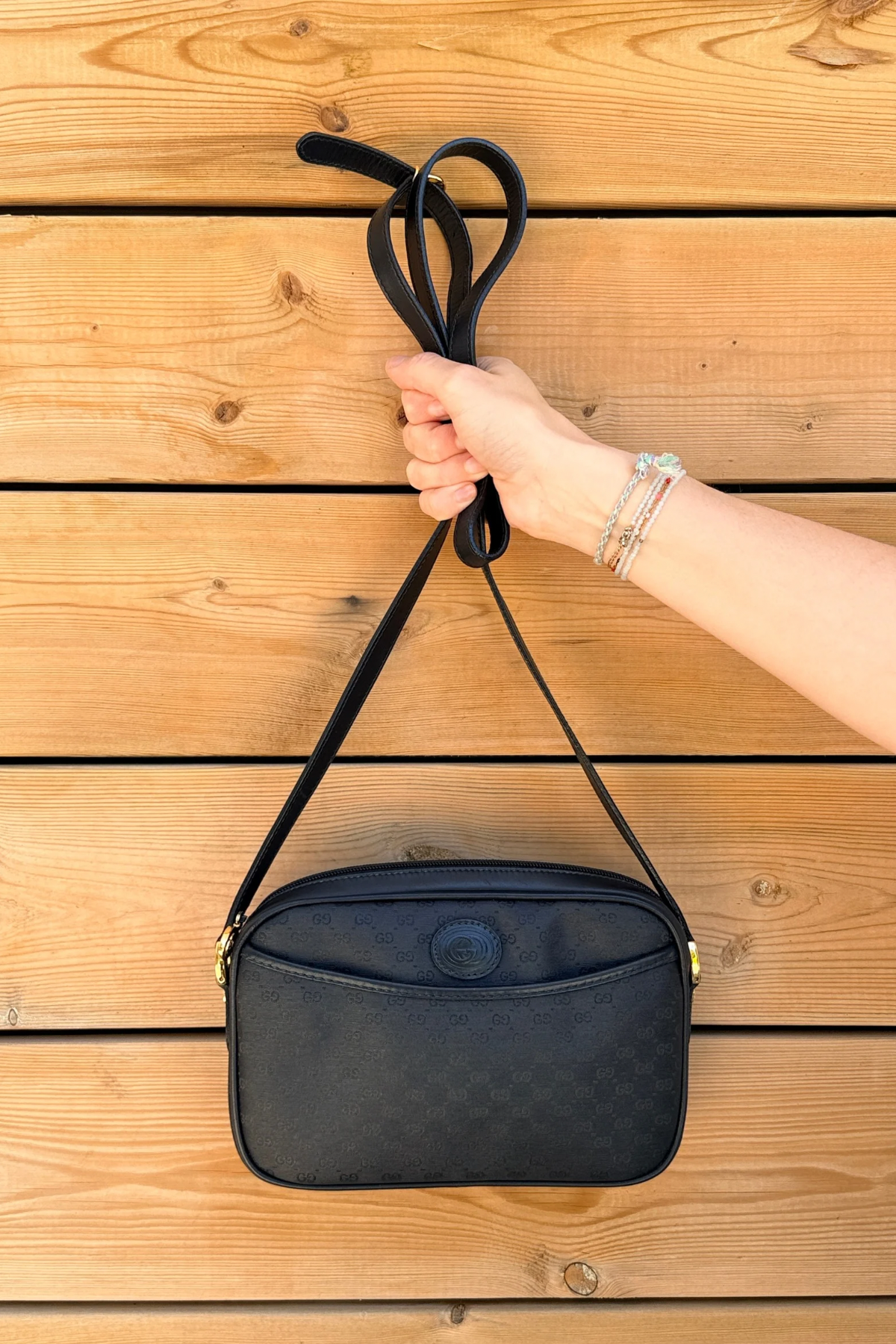 Vintage Gucci Black GG Coated Canvas Crossbody Bag