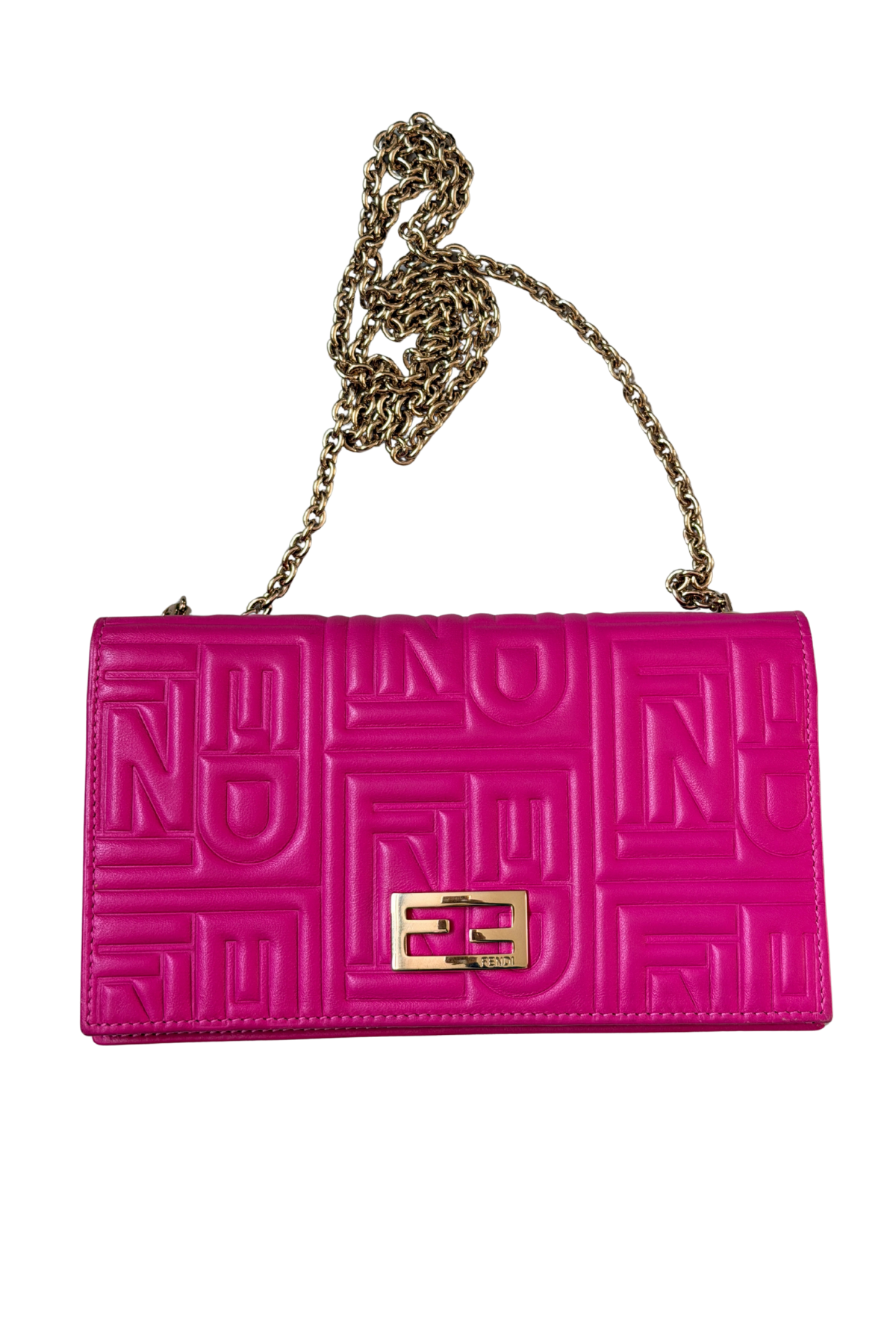 FENDI Embossed Wallet on Chain in Hot Pink