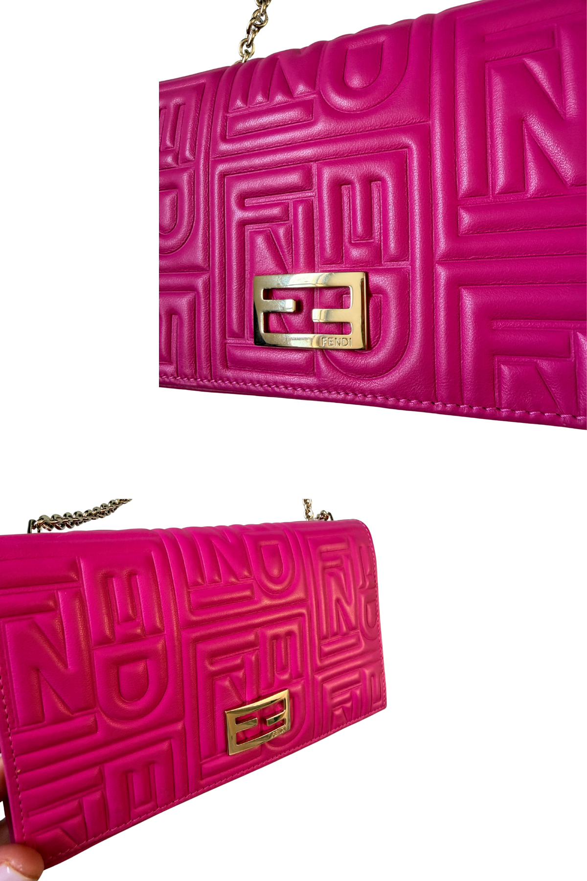 FENDI Embossed Wallet on Chain in Hot Pink