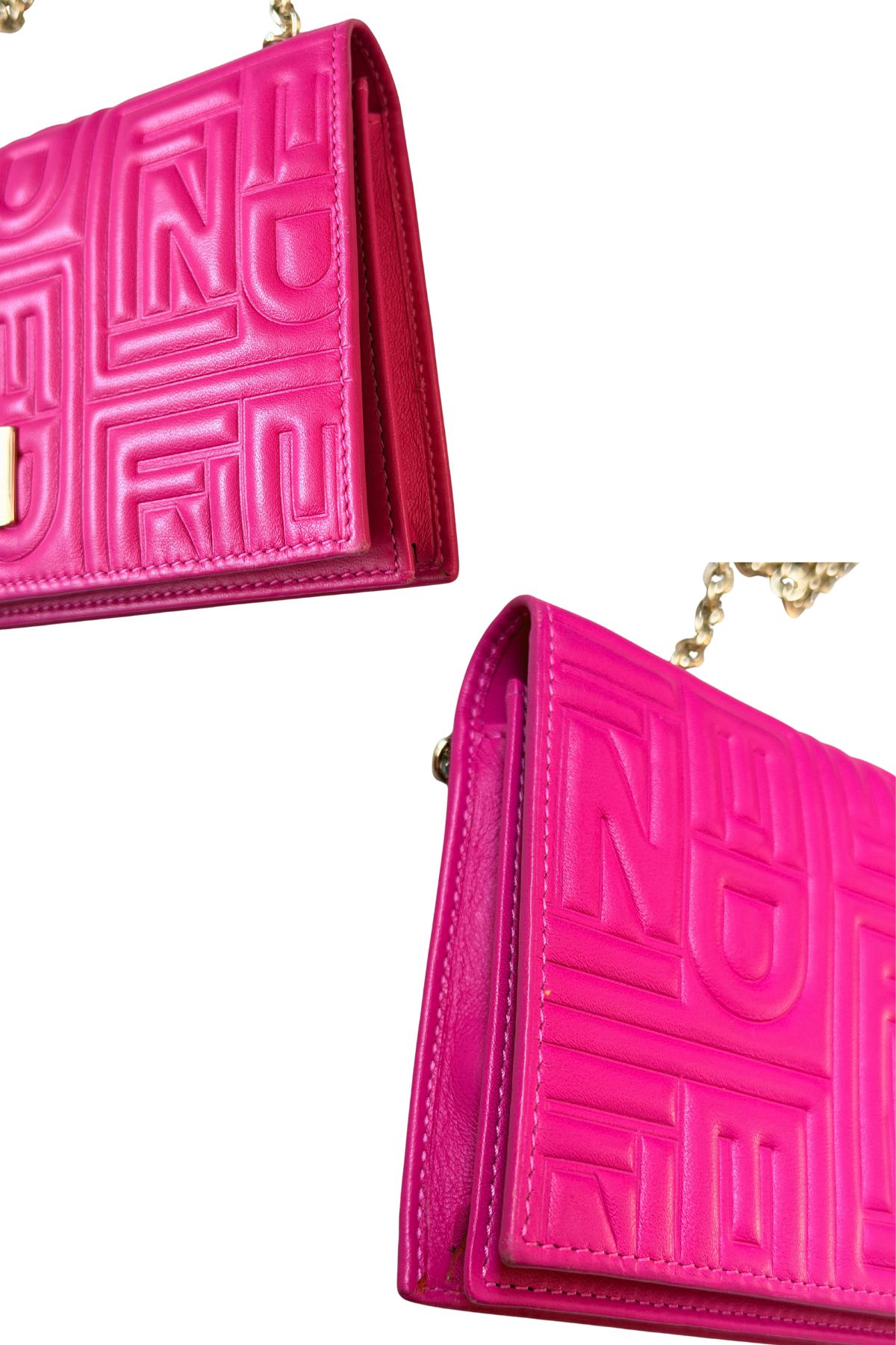 FENDI Embossed Wallet on Chain in Hot Pink