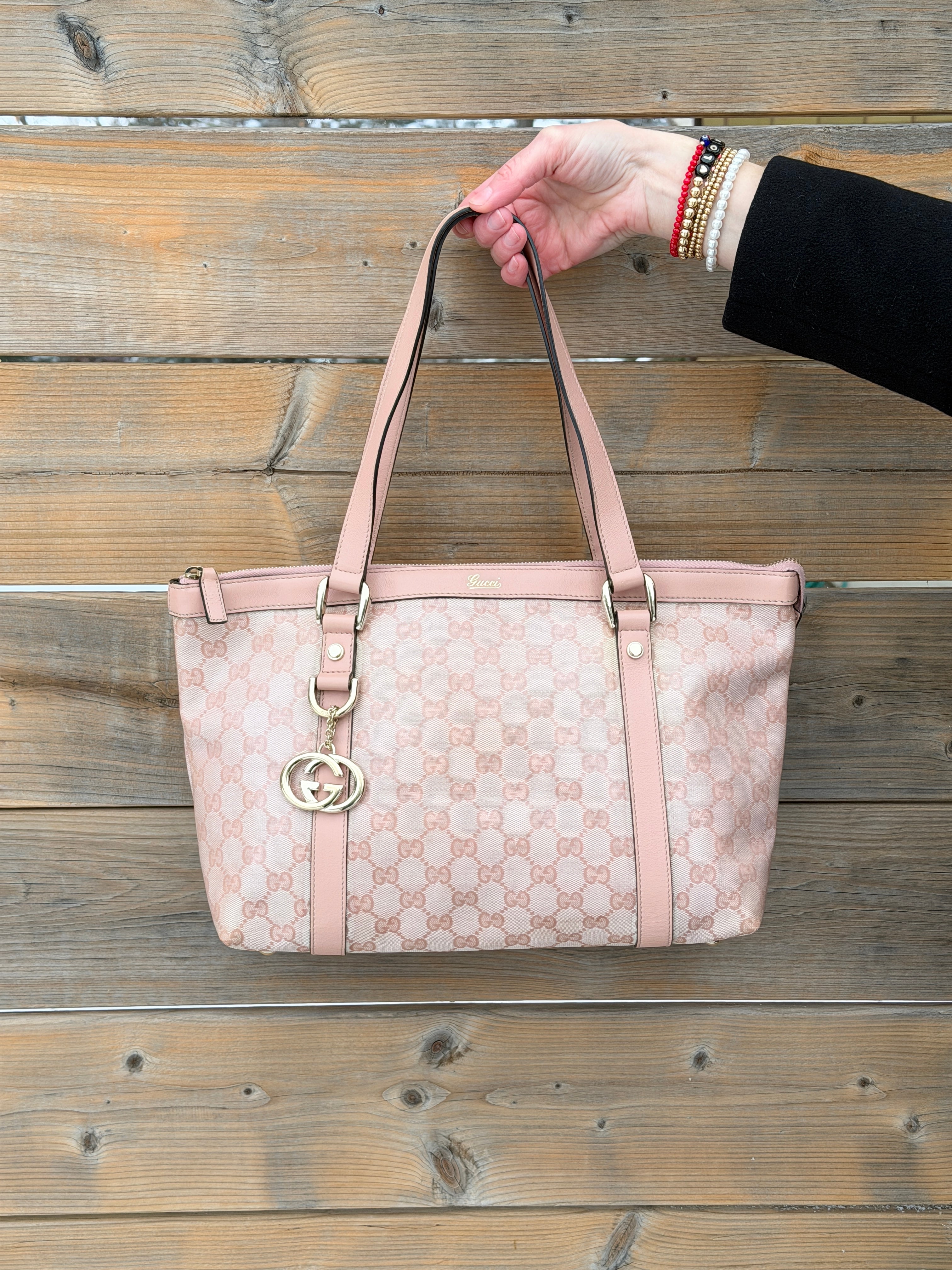 Gucci Crystal Medium Abbey Pink GG Coated Canvas Tote with Interlocking G Charm
