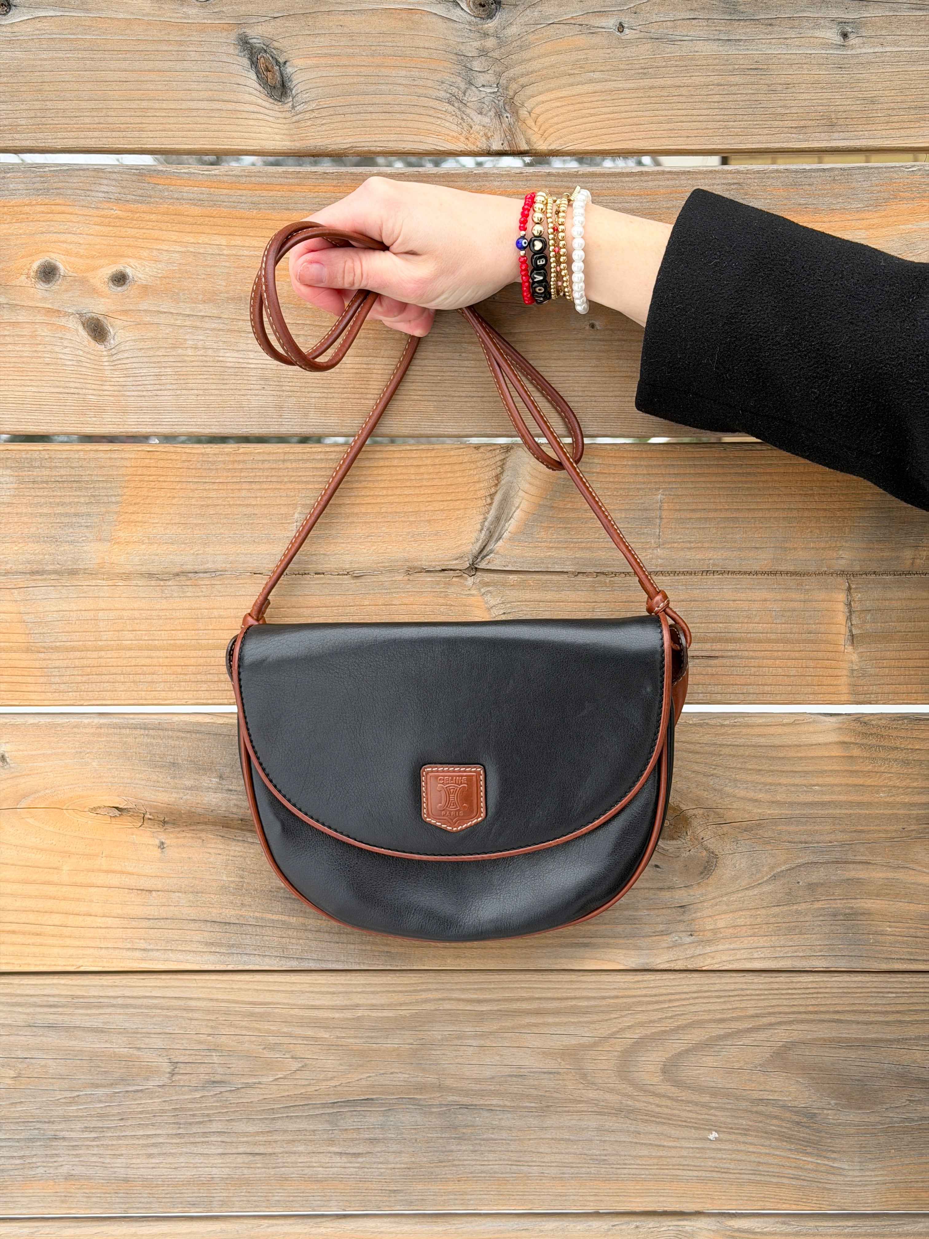 Celine Vintage Black Leather with Brown Trim Crossbody