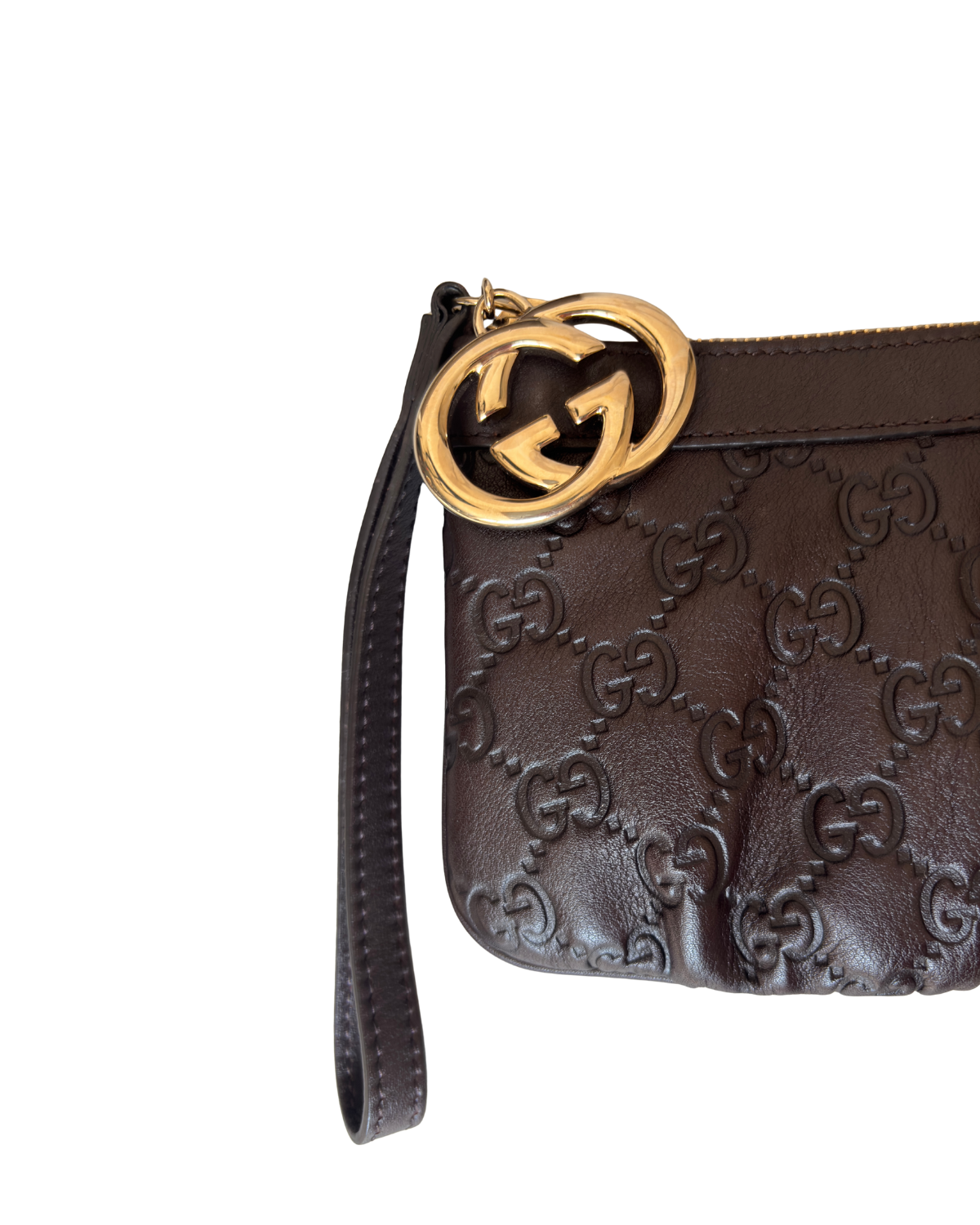 Gucci 1973 Guccissima Leather Wristlet/Clutch (Brown with Gold GG Charm)