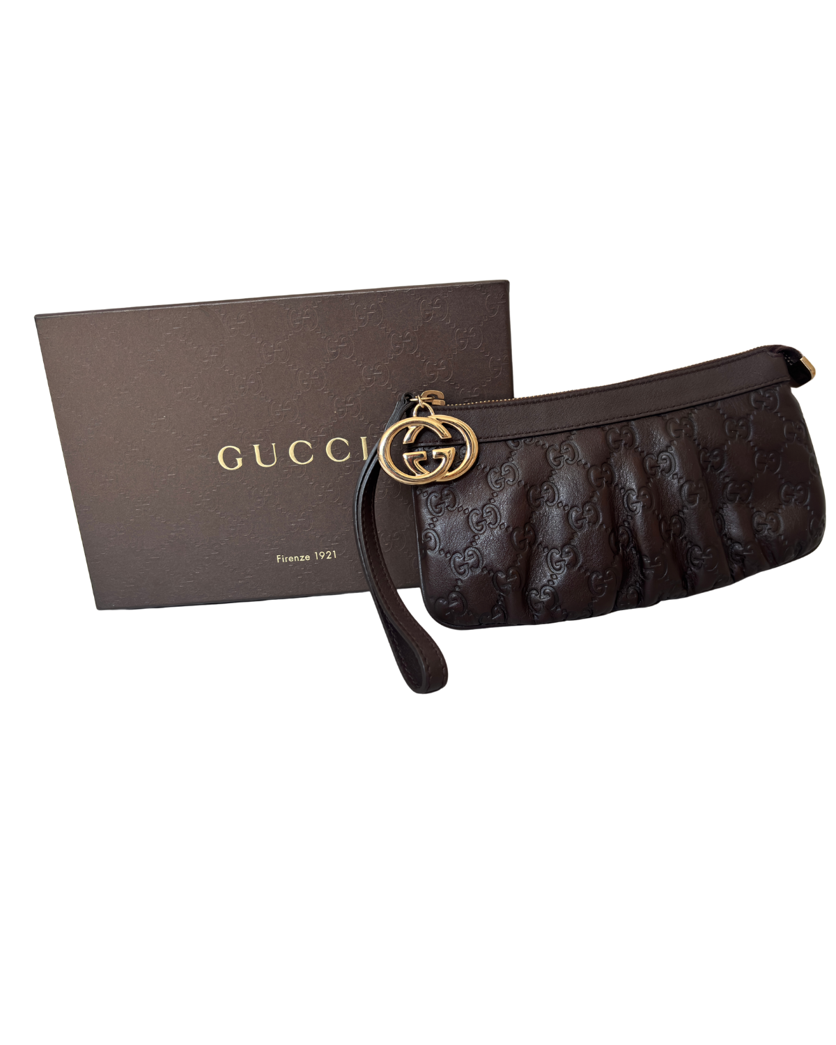 Gucci 1973 Guccissima Leather Wristlet/Clutch (Brown with Gold GG Charm)