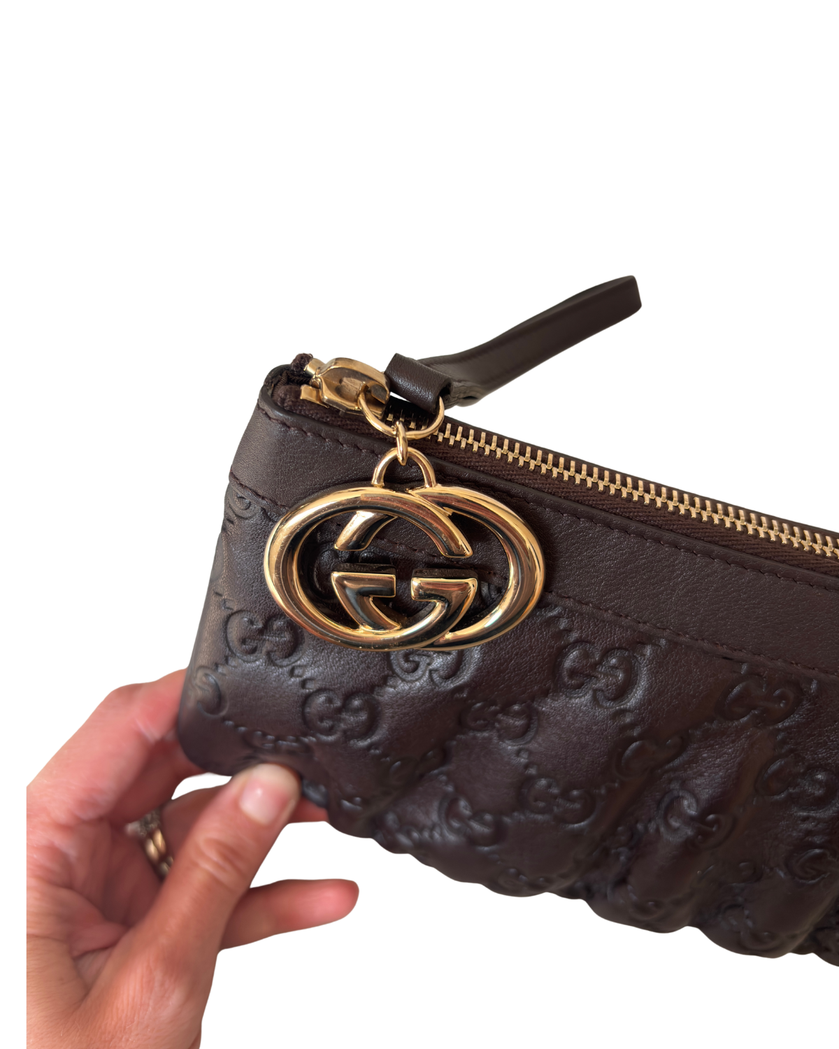 Gucci 1973 Guccissima Leather Wristlet/Clutch (Brown with Gold GG Charm)