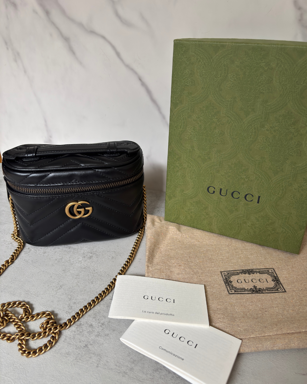 Gucci Mini Calfskin GG Marmont Top Handle Vanity Bag