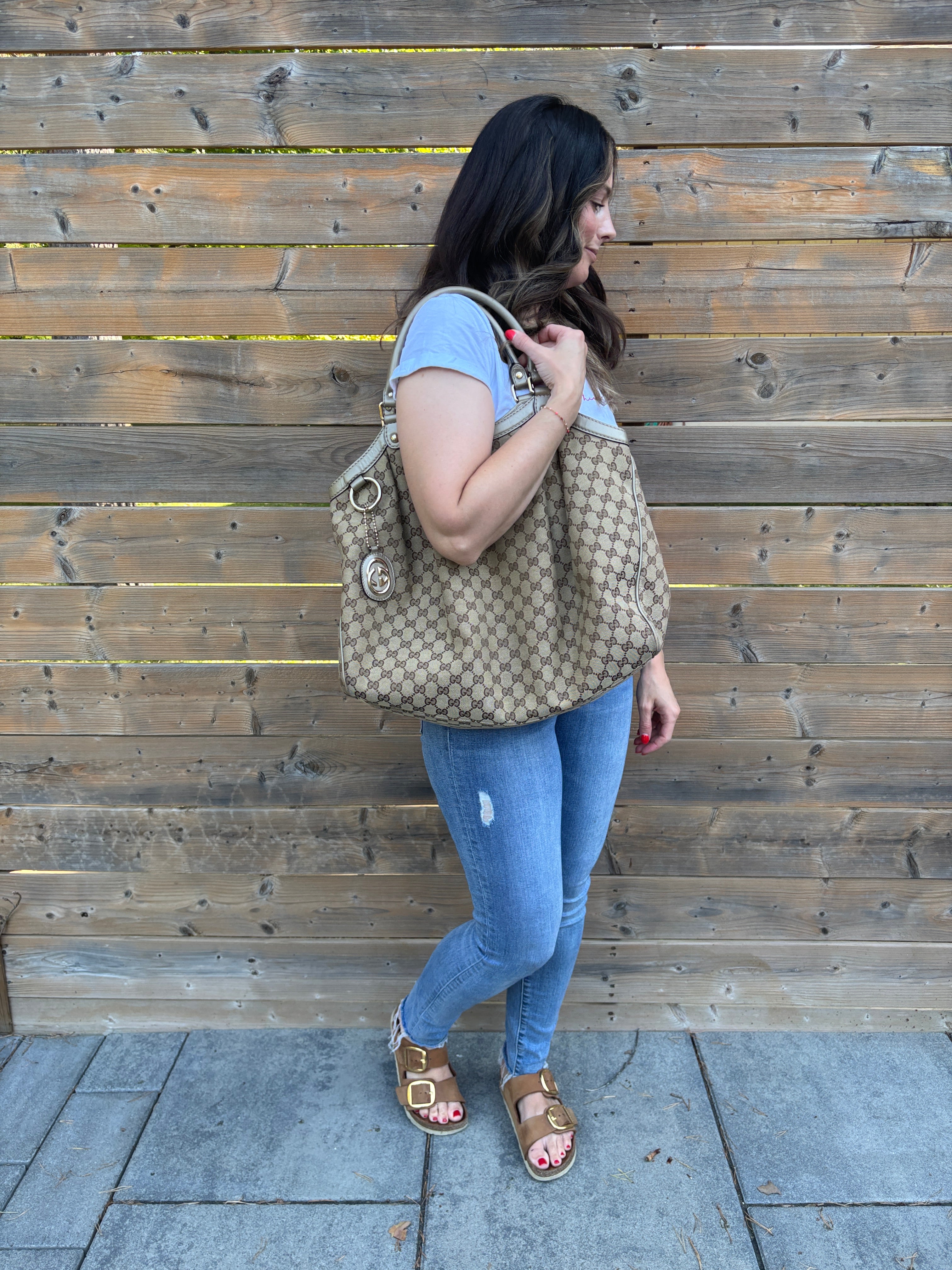 Gucci Sukey Large Tote in GG Monogram Canvas with Champagne Gold Leather Trim