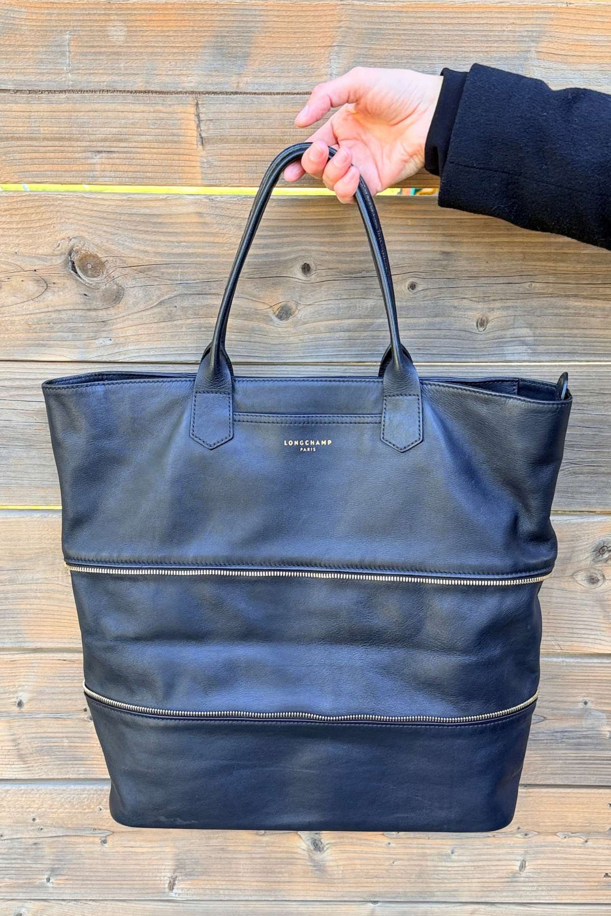 Rare Longchamp Black Leather Expandable Tote