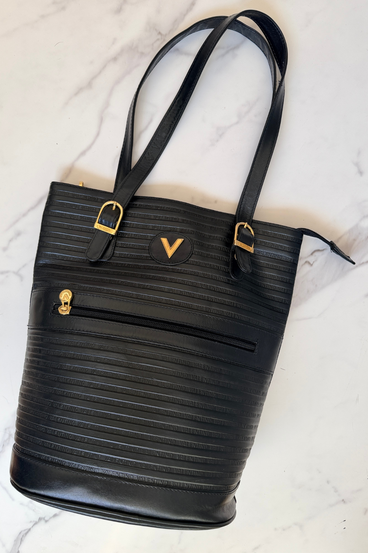 Mario Valentino Embossed Leather Bucket Tote