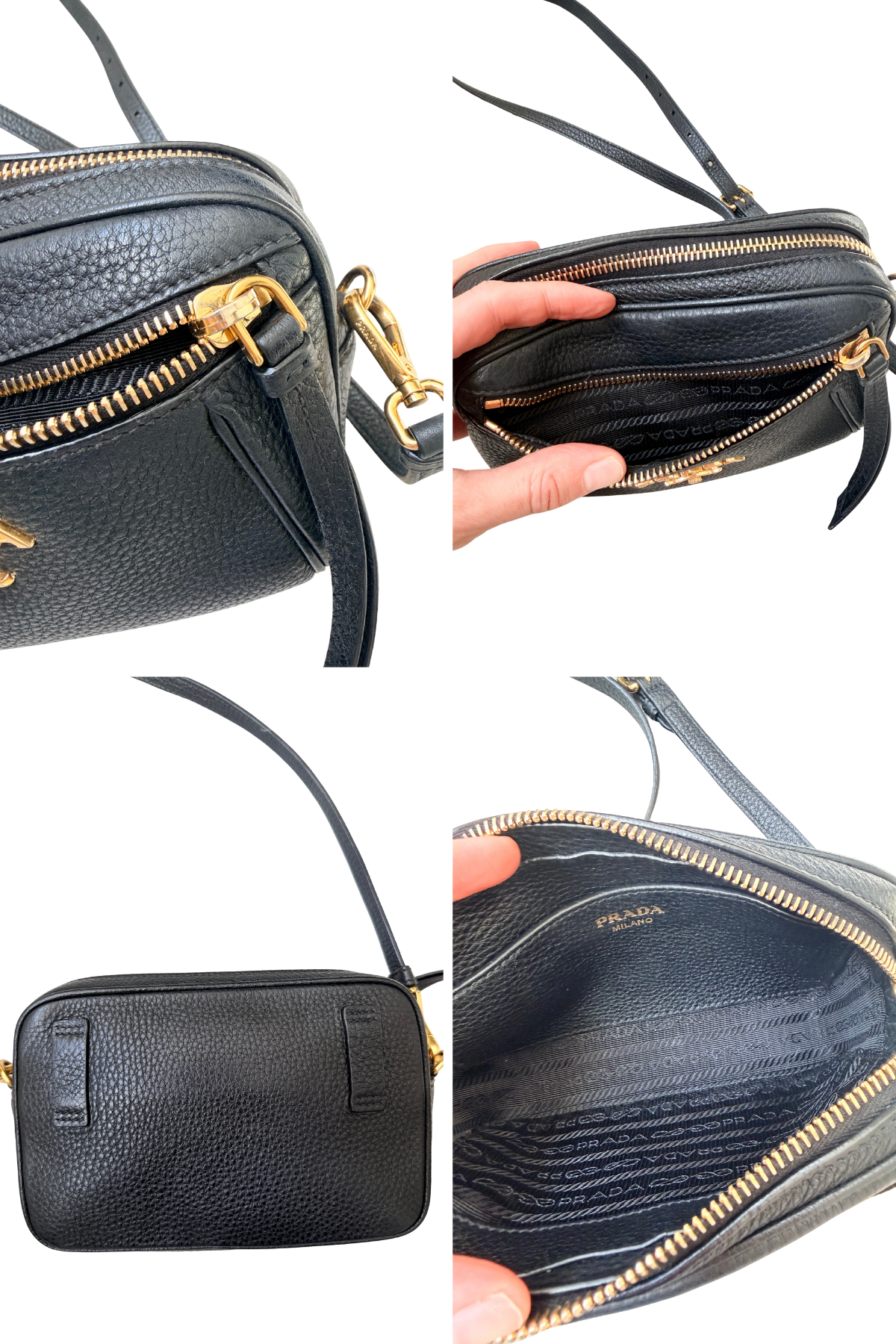 Prada Vitello Daino Black Leather Convertible Crossbody Bag | Two Straps