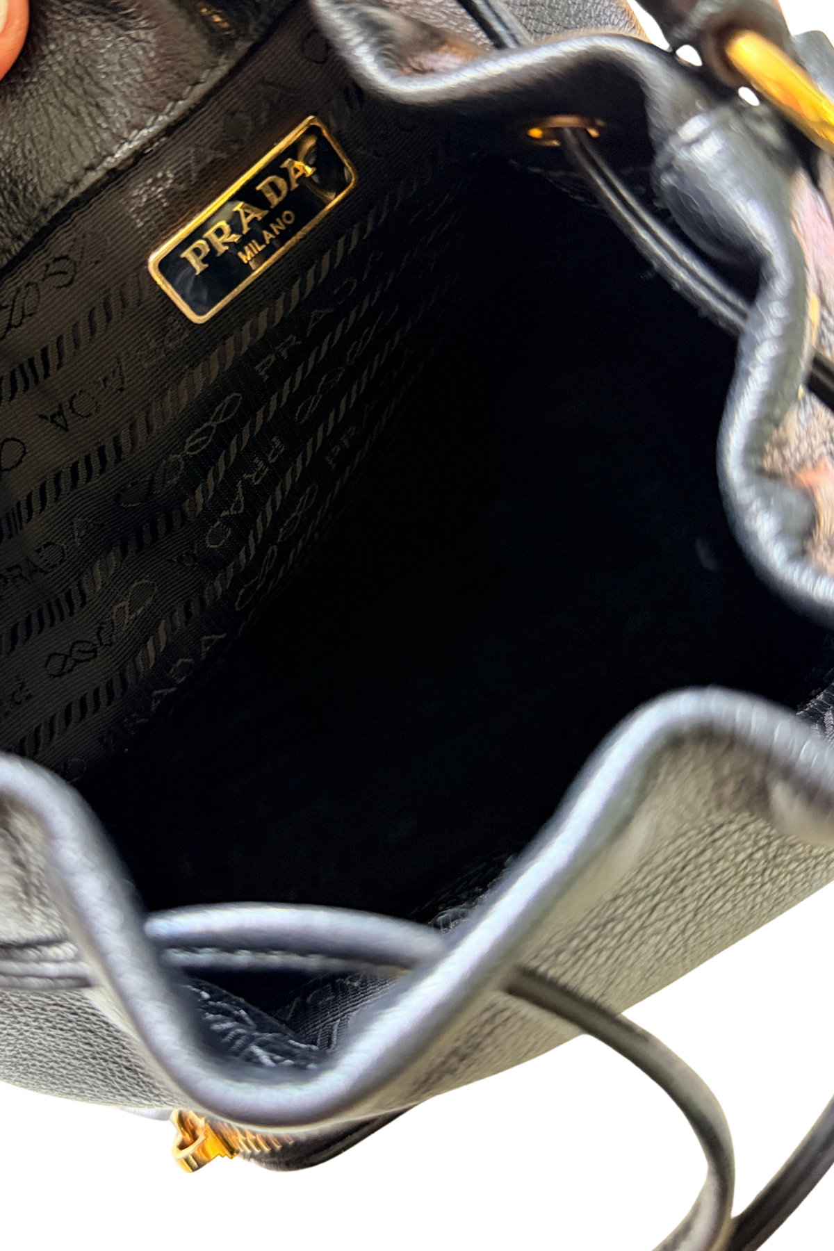 Prada Glace Calf Logo Embossed Bucket Bag