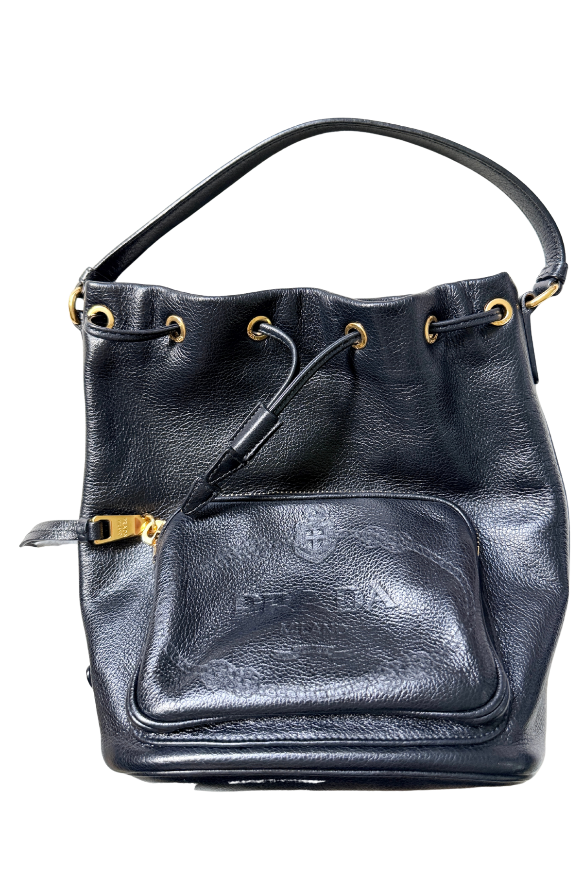 Prada Glace Calf Logo Embossed Bucket Bag
