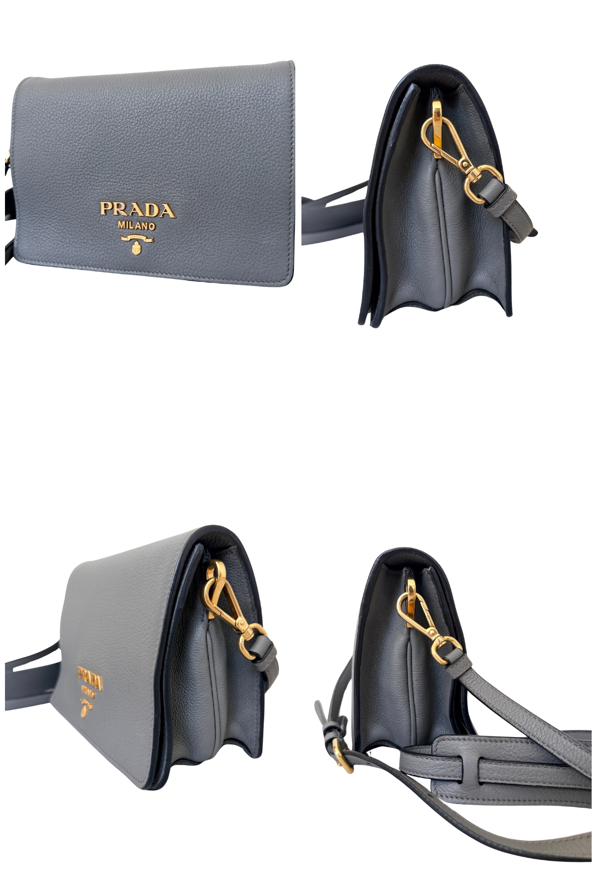Prada Vitello Daino Grey Leather Flap Crossbody Bag | Two Straps