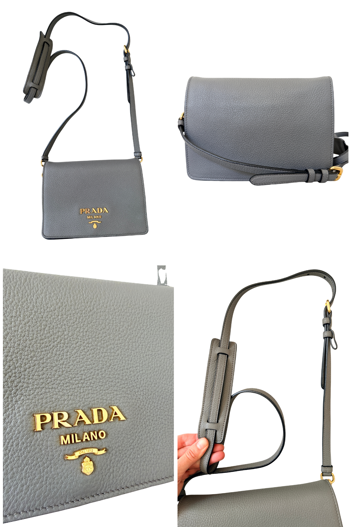 Prada Vitello Daino Grey Leather Flap Crossbody Bag | Two Straps