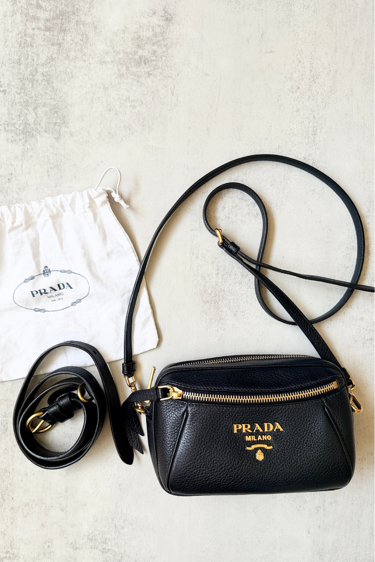 Prada Vitello Daino Black Leather Convertible Belt / Crossbody Bag