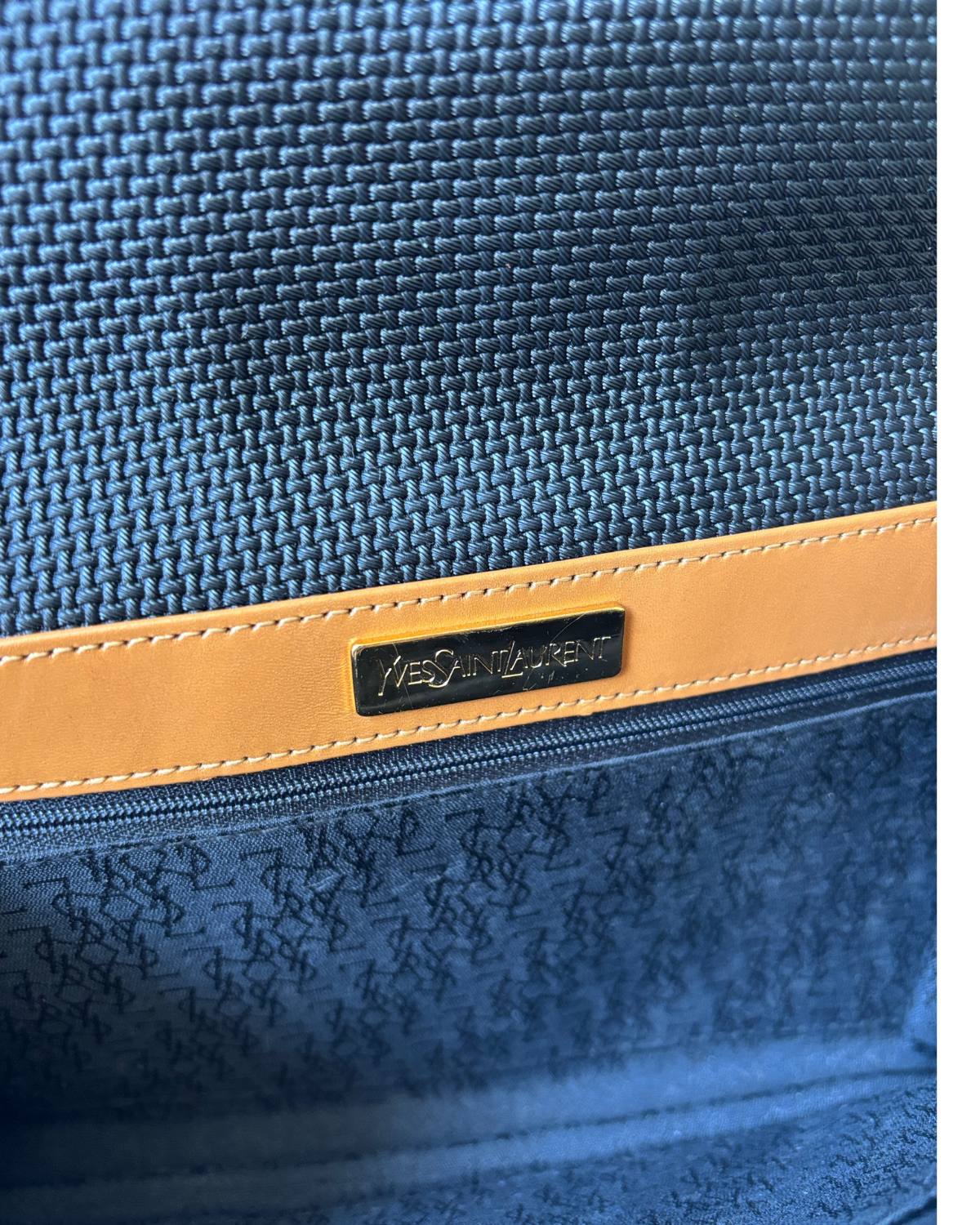 Vintage YSL Triangle Logo Clutch – Black Woven Canvas & Tan Leather