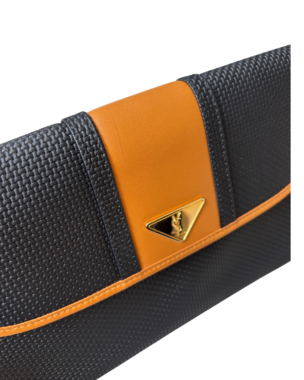Vintage YSL Triangle Logo Clutch – Black Woven Canvas & Tan Leather