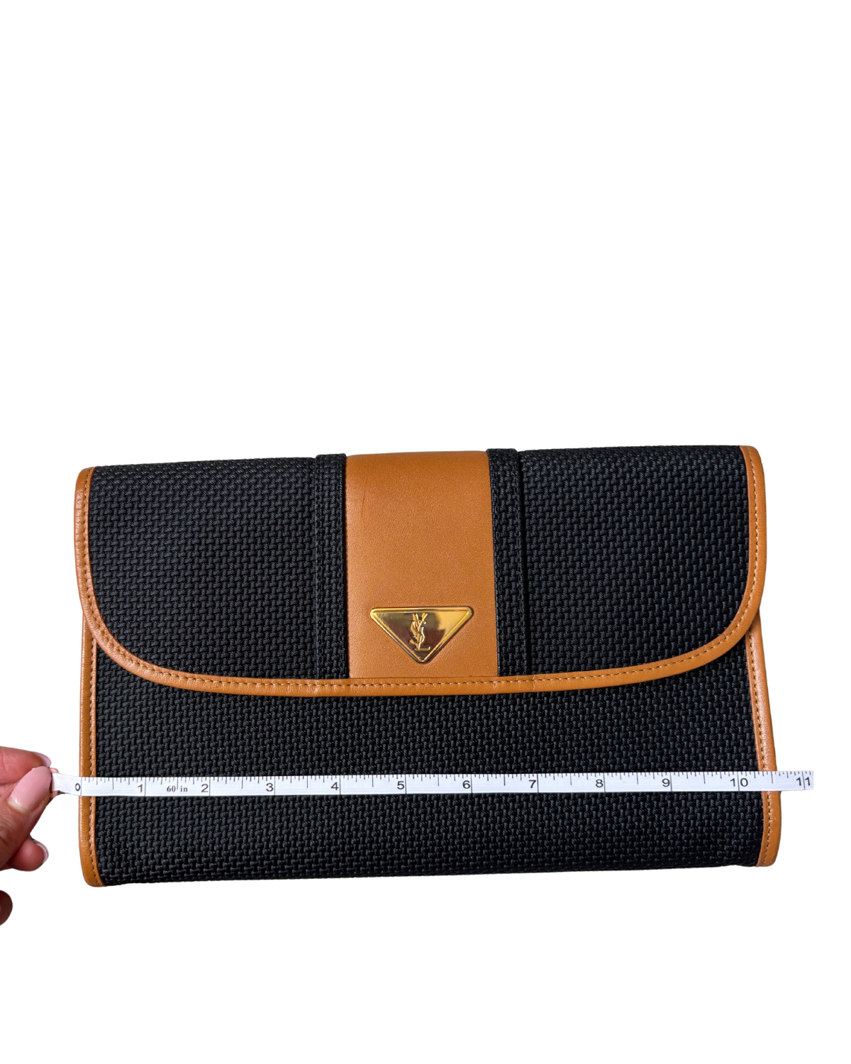 Vintage YSL Triangle Logo Clutch – Black Woven Canvas & Tan Leather