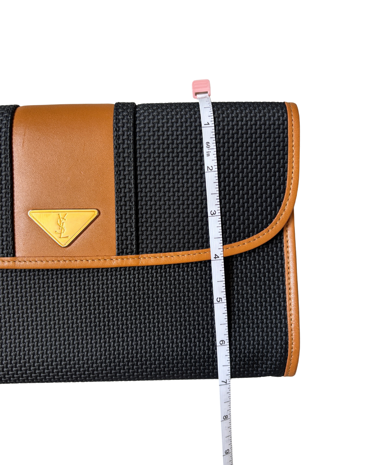 Vintage YSL Triangle Logo Clutch – Black Woven Canvas & Tan Leather