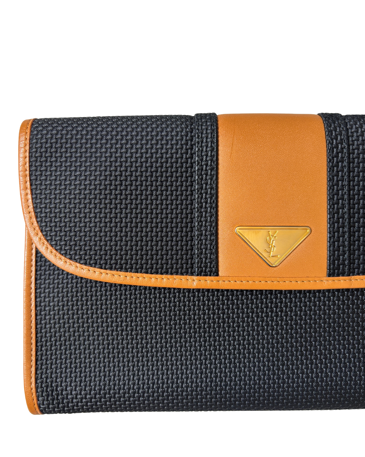 Vintage YSL Triangle Logo Clutch – Black Woven Canvas & Tan Leather