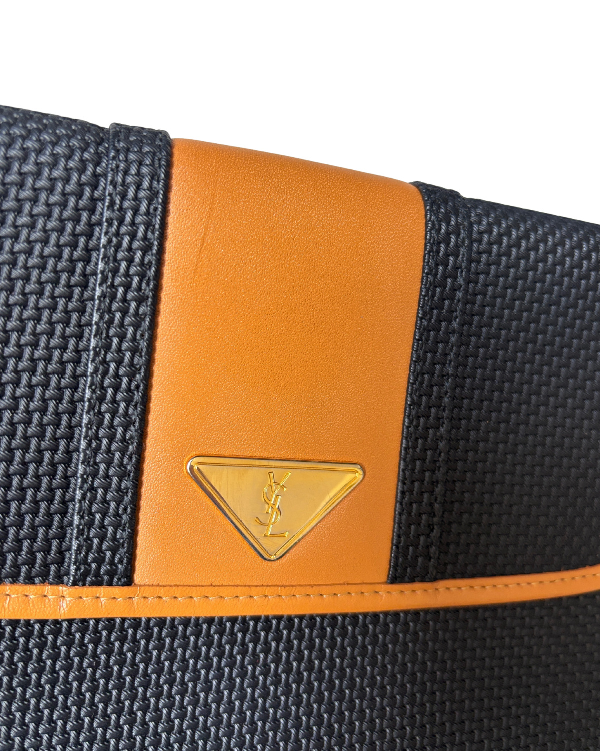 Vintage YSL Triangle Logo Clutch – Black Woven Canvas & Tan Leather