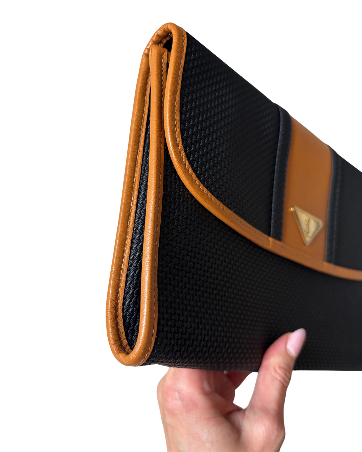 Vintage YSL Triangle Logo Clutch – Black Woven Canvas & Tan Leather